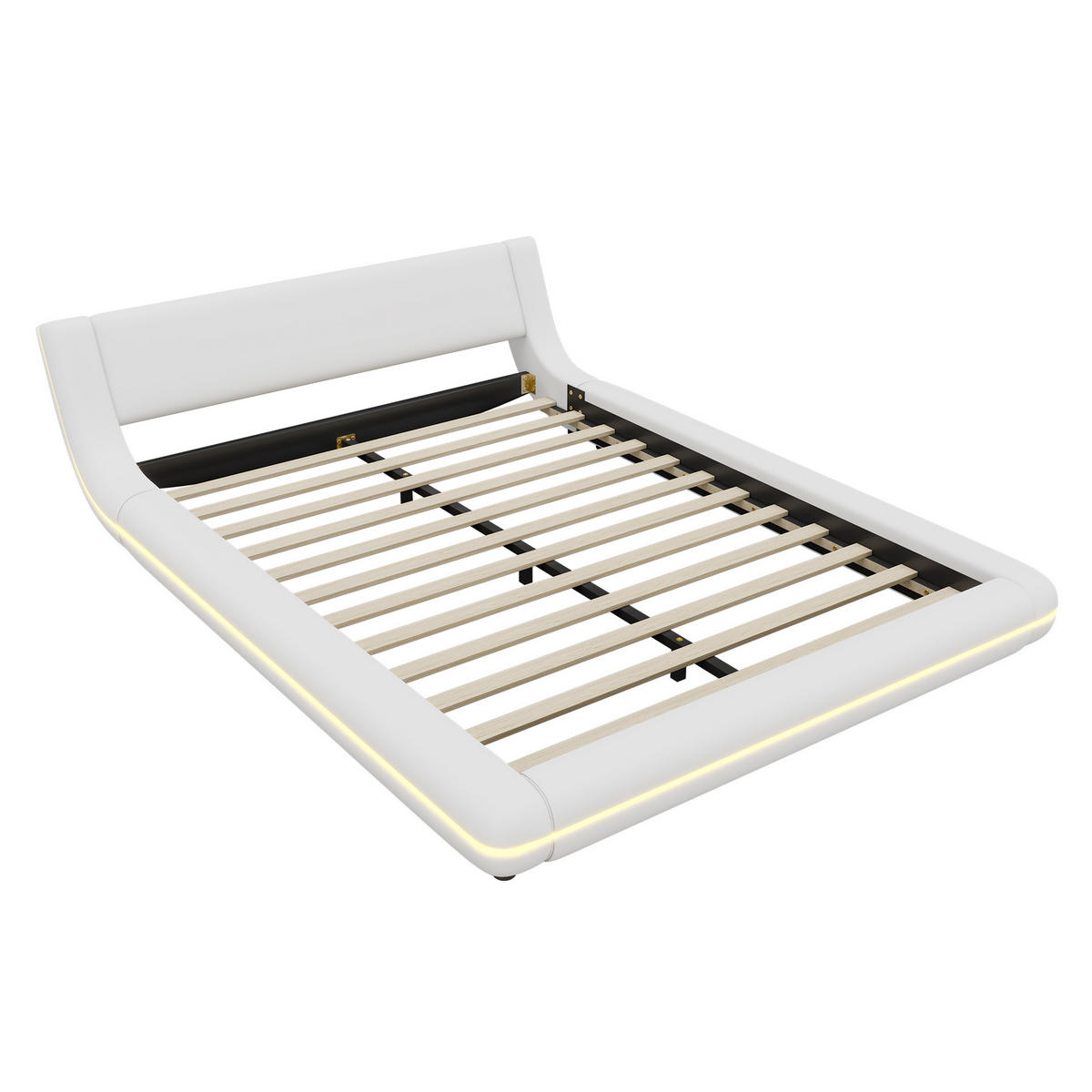 BODENBETT 140/200 cm mit LED-Umgebungsbeleuchtung, App-Steuerung und PU-Oberfläche, Weiß - Weiß, Leder (140/200cm) - Redom
