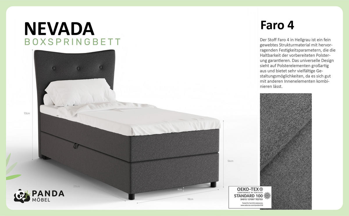 BOXBETT Nevada 90x200 cm Polsterbett mit hochwertiger Bonell-Matratze und Topper - Dunkelgrau - Anthrazit, Holz (90/200cm) - Panda Möbel
