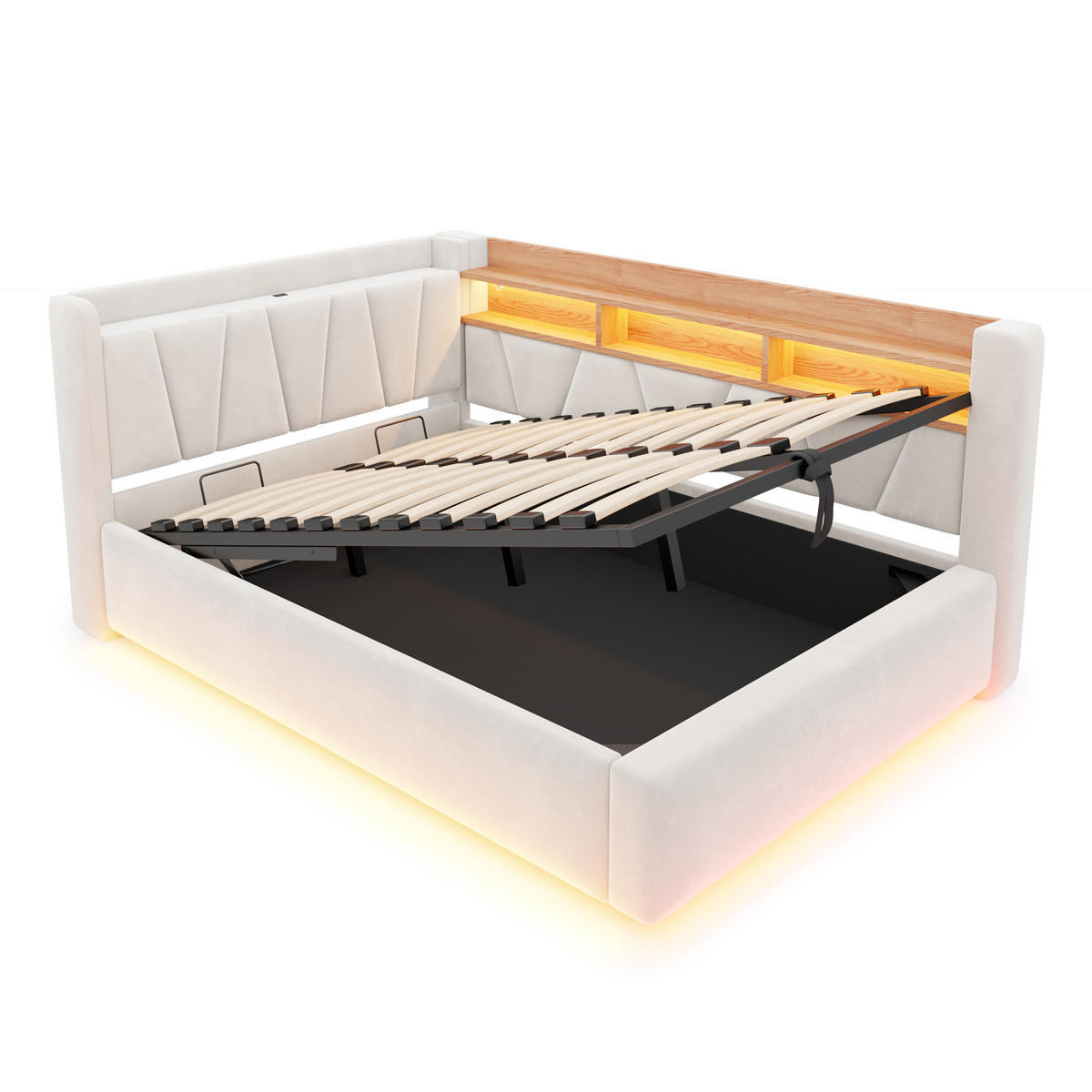 BOXBETT 140/200 mit LED/Regal/USB/Bettkasten, Samt, Beige - Beige, Holz (140/200cm) - LVHOM