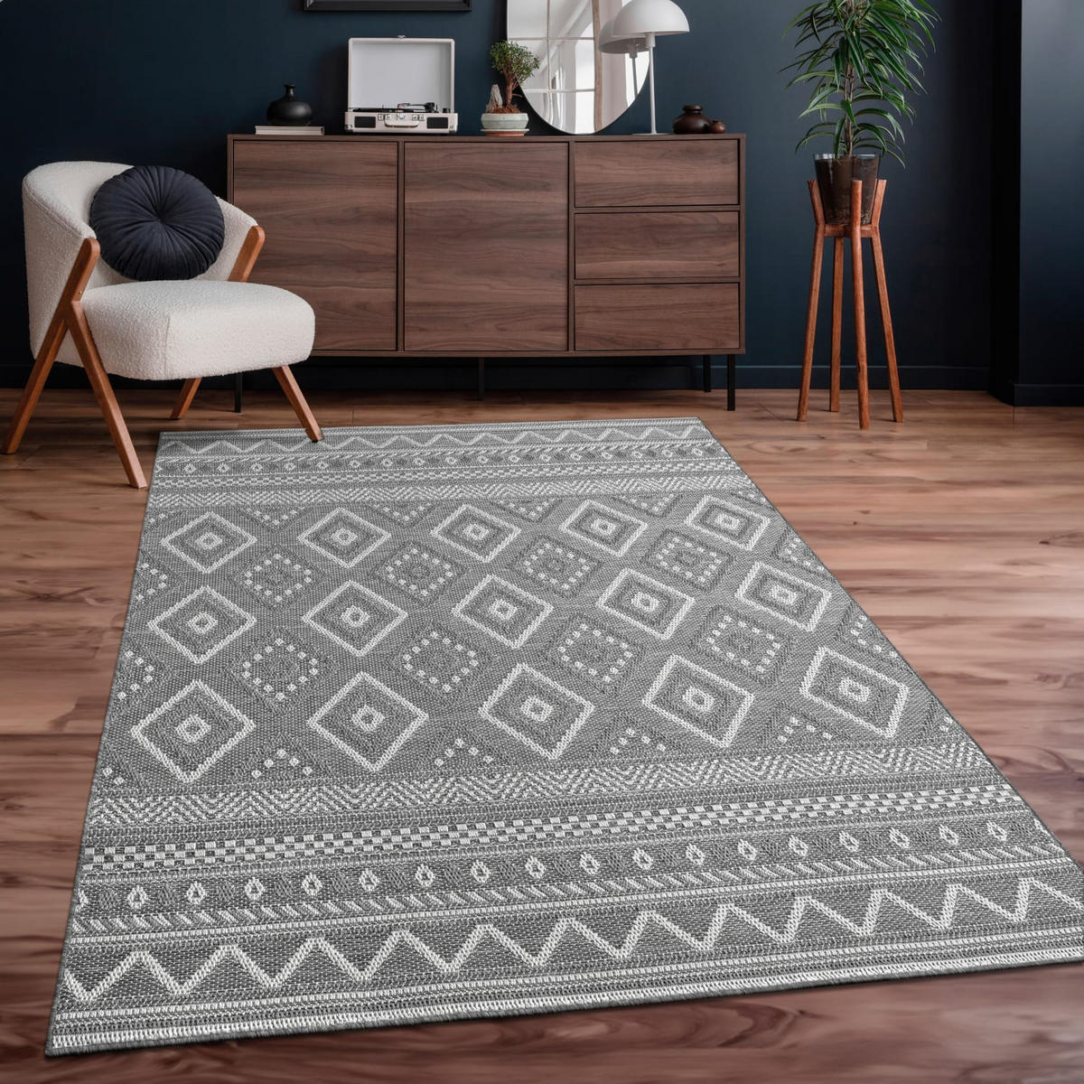 FLACHWEBTEPPICH, mit Rautenmuster, aus Polypropylen, Grau, 120 x 160 cm - Grau, Textil (120/160cm) - KADIMA DESIGN