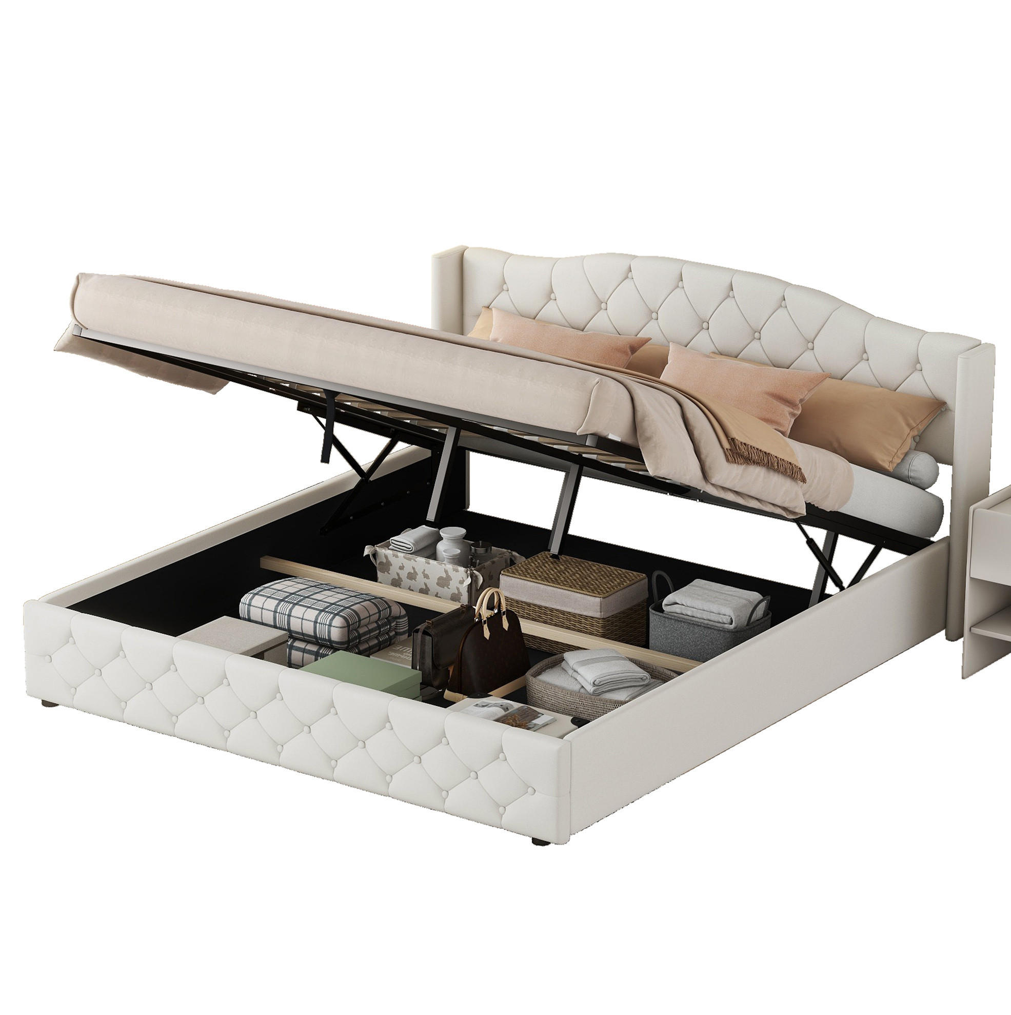 POLSTERBETT 180/200 cm aus Leinenstoff mit hydraulischem Bettkasten und großem Stauraum, Beige - Beige, Textil (180/200cm) - Redom