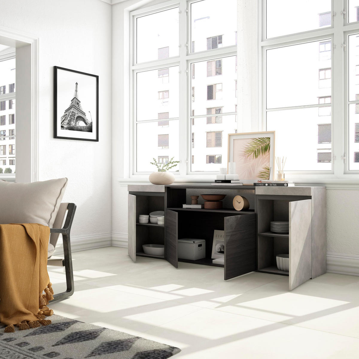 SIDEBOARD zementgrau, 200/35/75cm - Grau, Holzwerkstoff (200/75/35cm) - Skraut Home