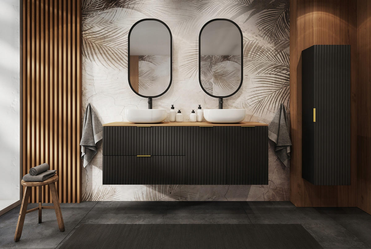 WASCHBECKUNTERSCHRANK FLOW + Platte Schwarz matt 140/57/46 cm - Schwarz, Holzwerkstoff (140/57/46cm) - Rodan