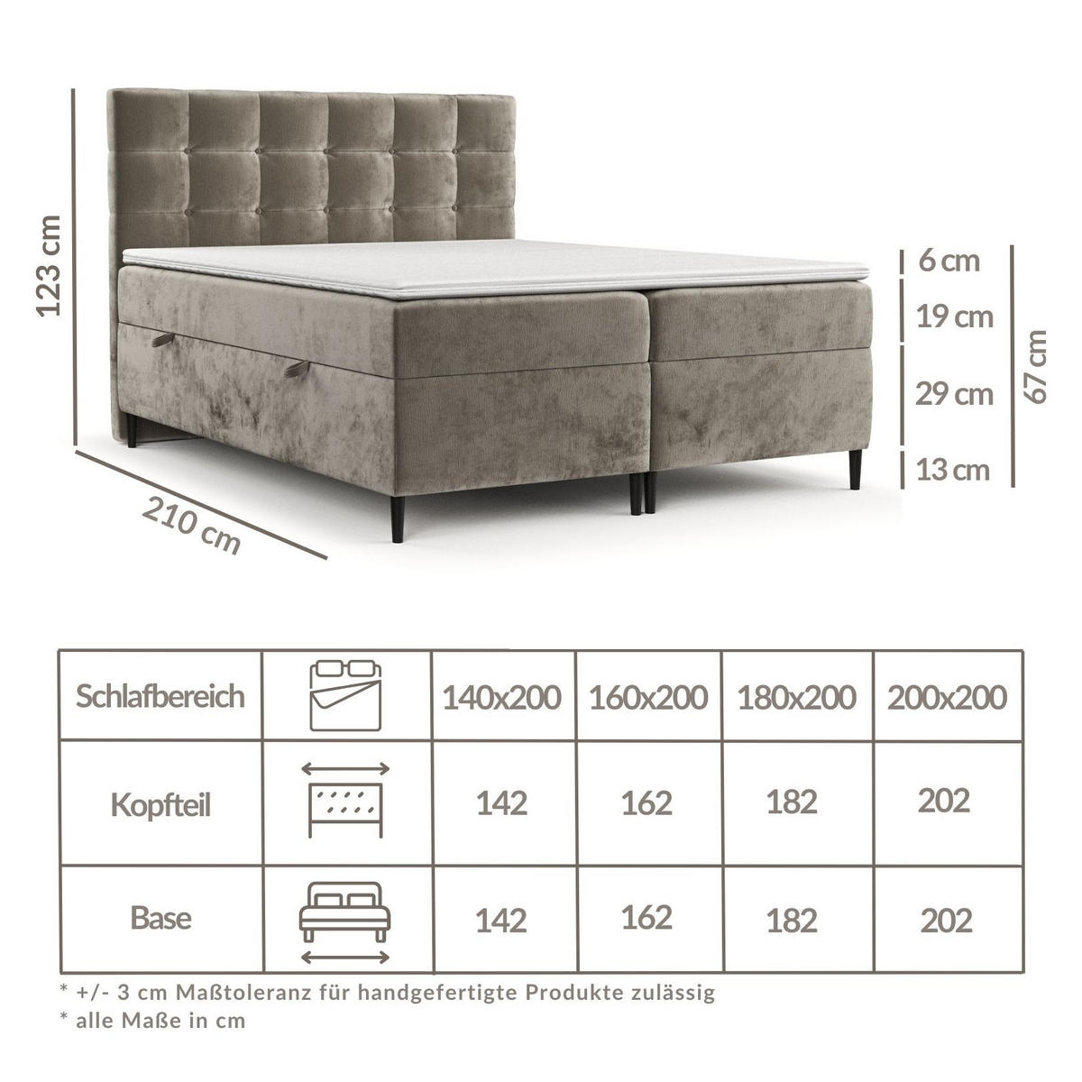 BOXBETT Urbaneo Beige 180/200 cm mit Taschenmatratze und Topper - Beige/Schwarz, Holz/Holzwerkstoff (180/200cm) - Maison de Reve