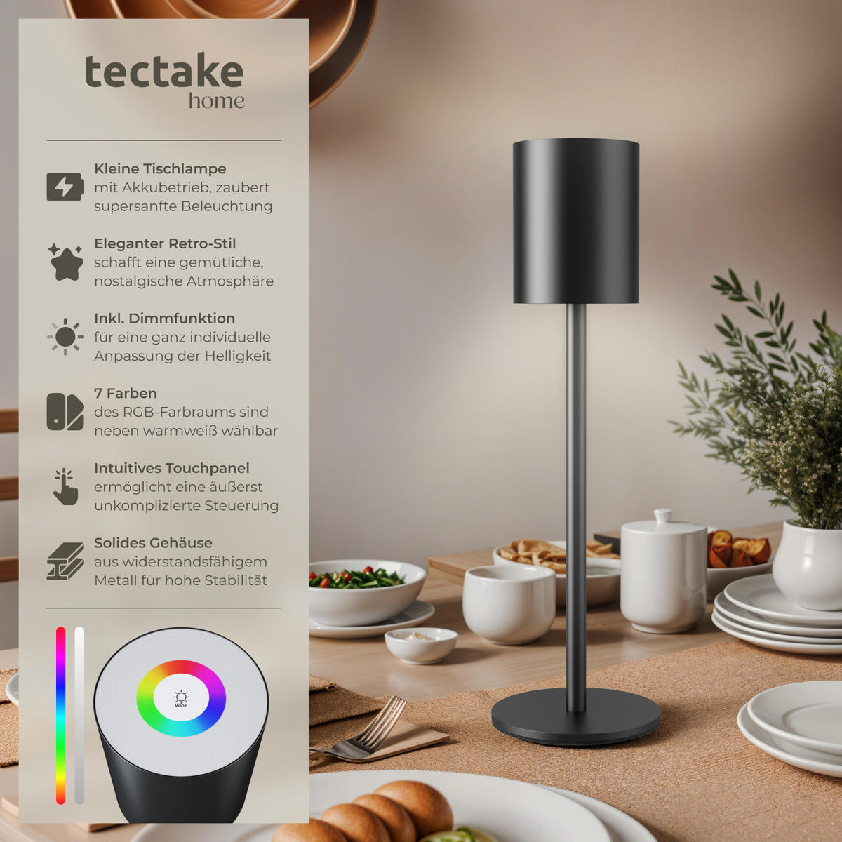 AKKU-TISCHLAMPE Corly,10 x 37 cm,schwarz - Schwarz, Metall (10/10/37cm) - tectake