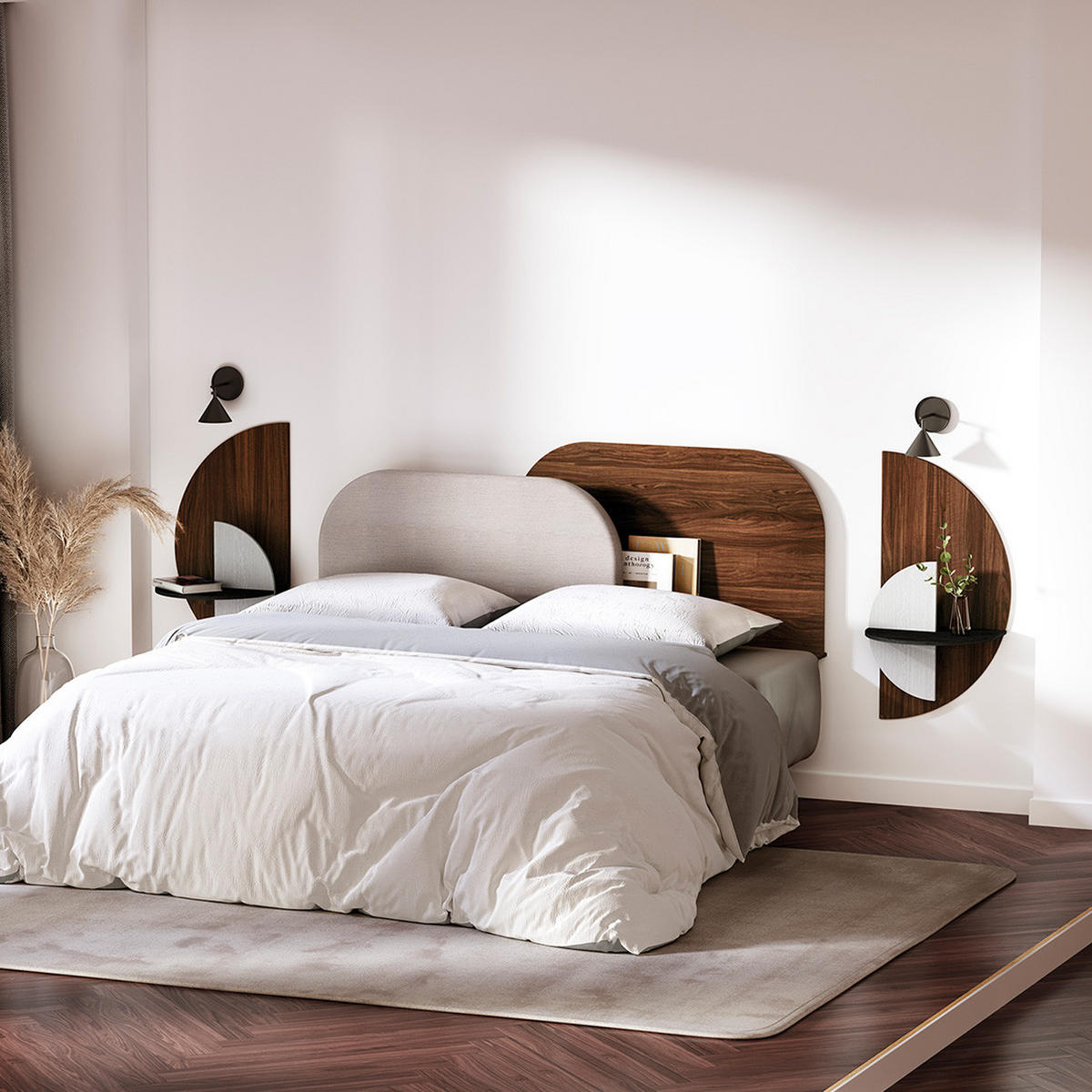 KOPFTEIL Alba mit Licht 140cm - Blau/Walnussfarben, Holz/Textil (140/60/14cm) - Woodendot