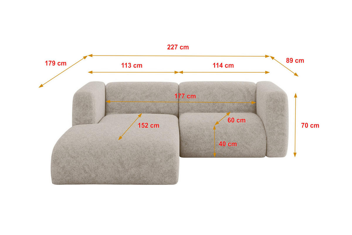 ECKSOFA Ottomane Links MIRA-L1 227x179x89 Beige Velours - Beige/Schwarz, Holzwerkstoff/Kunststoff (227/179cm) - ALTDECOR
