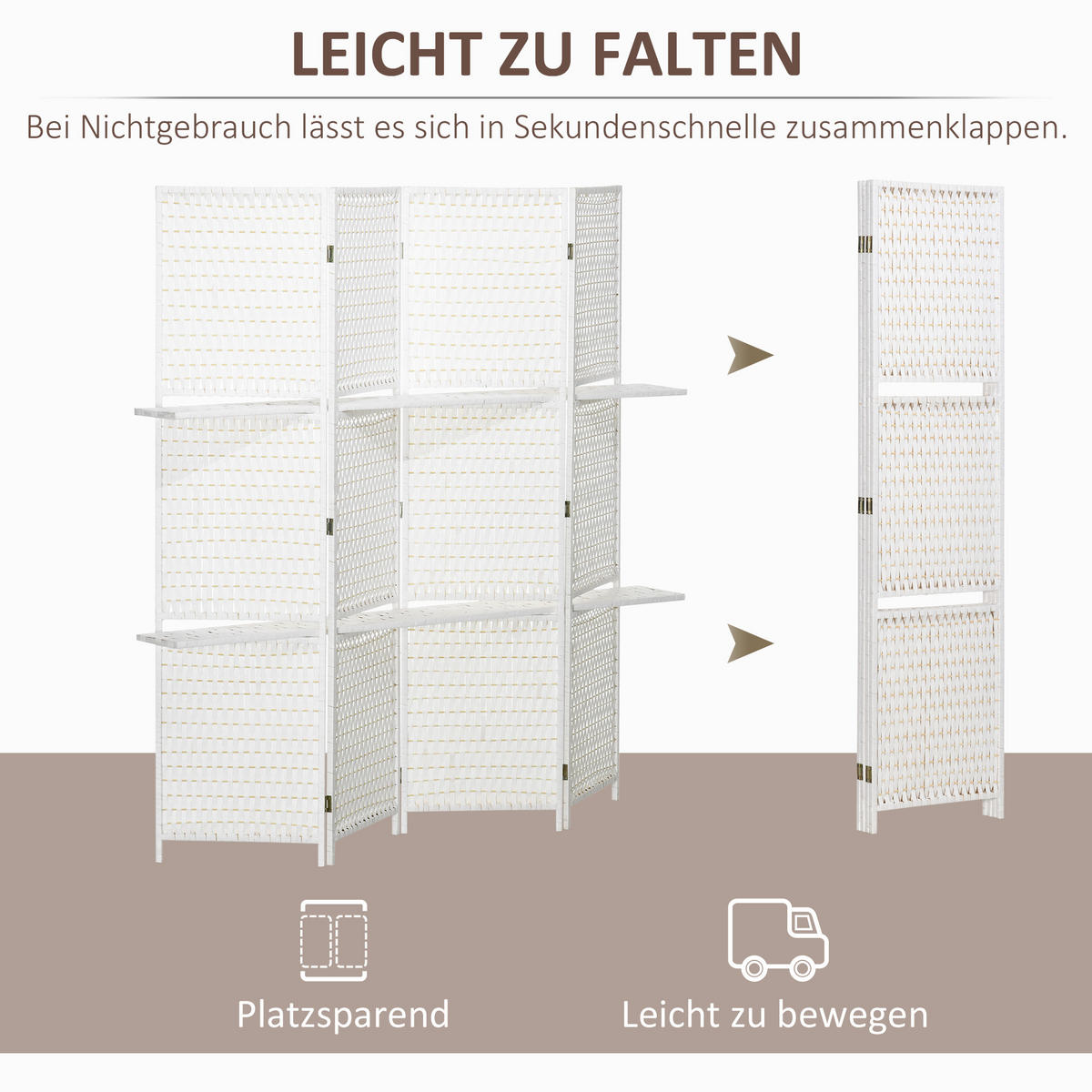 PARAVENT 4-teilig aus Papierfaser Weiß - Weiß, Holz (1.6/180cm) - HOMCOM