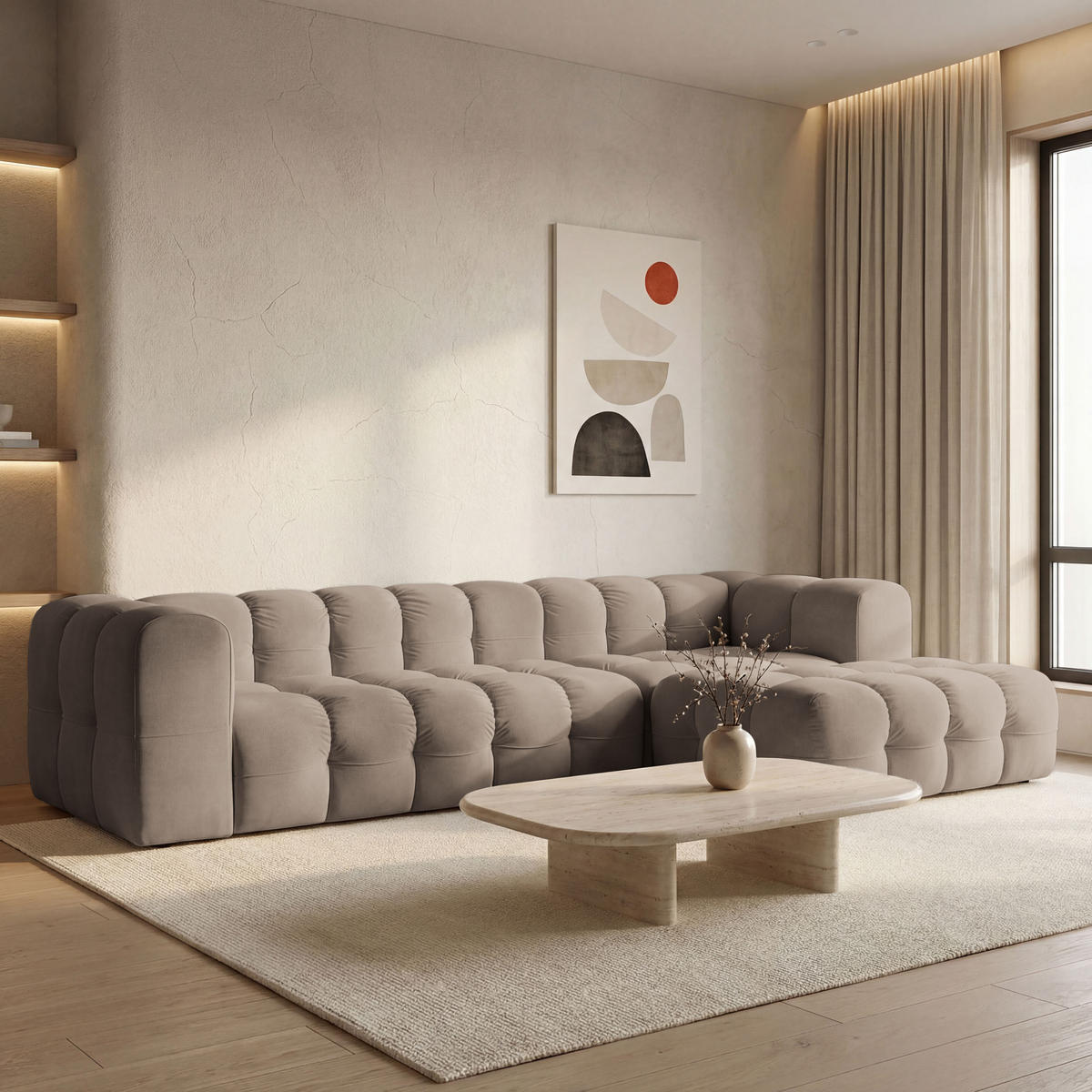 ECKSOFA Mochi L-Form 5-Sitzer Rechts, Samt, Taupe 290/75/193 cm - Taupe/Schwarz, Kunststoff/Textil (290/193cm) - WFL GROUP