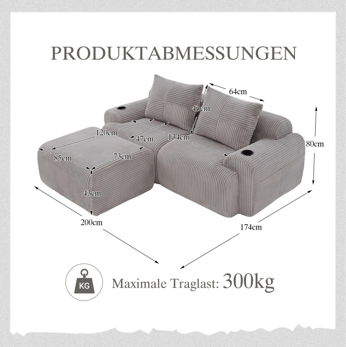 2-SITZER-SOFA aus Cord 200x174x80 cm in Hellgrau mit Cupholder & Seitentasche - Hellgrau, Textil (174/80/200cm) - Modfu
