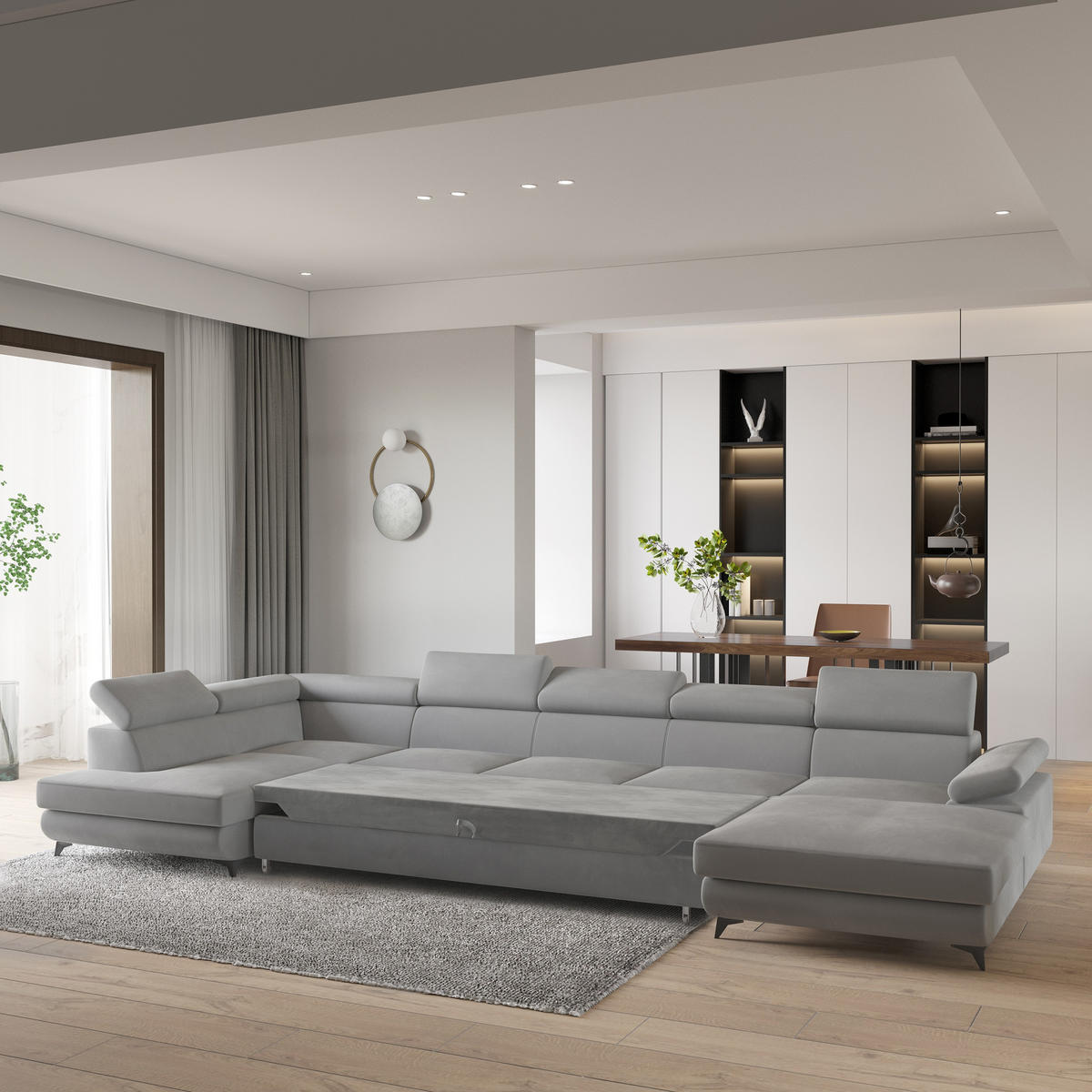 WOHNLANDSCHAFT MONTIVA Hellgrau Velours-Stoff mit Schlaffunktion - Hellgrau, Holz (410/89/190cm) - MASSENO