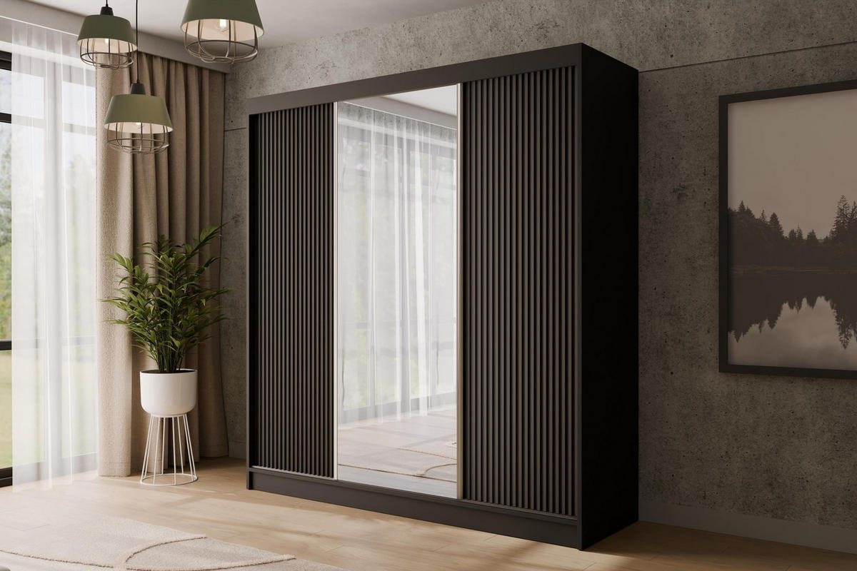 KLEIDERSCHRANK mit Spiegel V2-PRESTIG 215x200 cm - Schwarz - Schwarz, Holzwerkstoff (200/215/61cm) - ALTDECOR