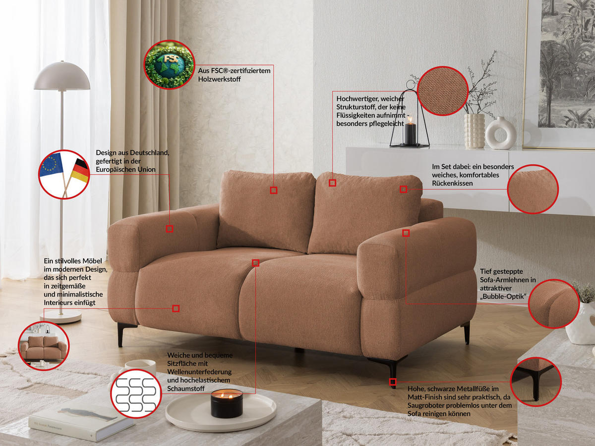 2-SITZER-SOFA Cardea in Bubble-Optik aus weichem Terrakotta Strukturstoff mit hohem Sitzkomfort - Terracotta/Schwarz, Holz/Textil (154/80/97cm) - S-Style Möbel