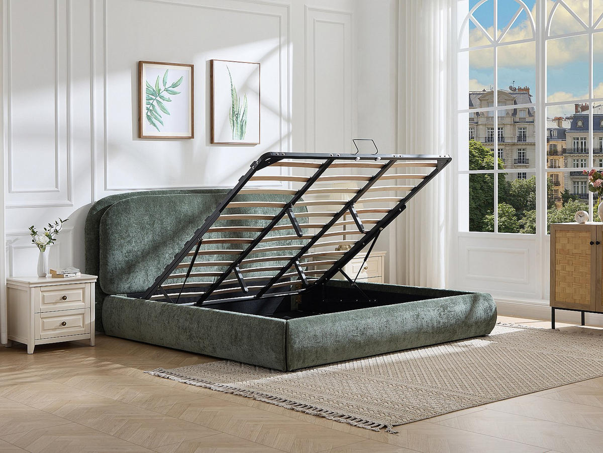 BETT mit Bettkasten - 2 Personen - Stoff - Grün - - Grün, Textil (160/200cm) - Vente-Unique