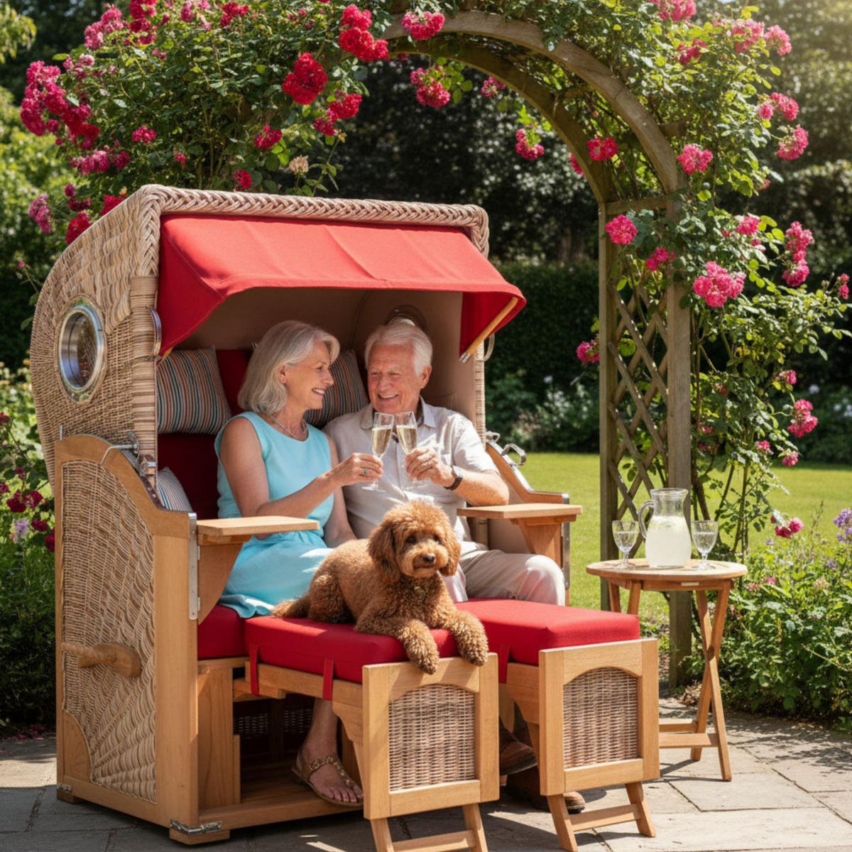STRANDKORB Düne 2-Sitzer Teak Shell - Rot/Braun, Holz/Metall (125/170/80cm) - Mr. Deko