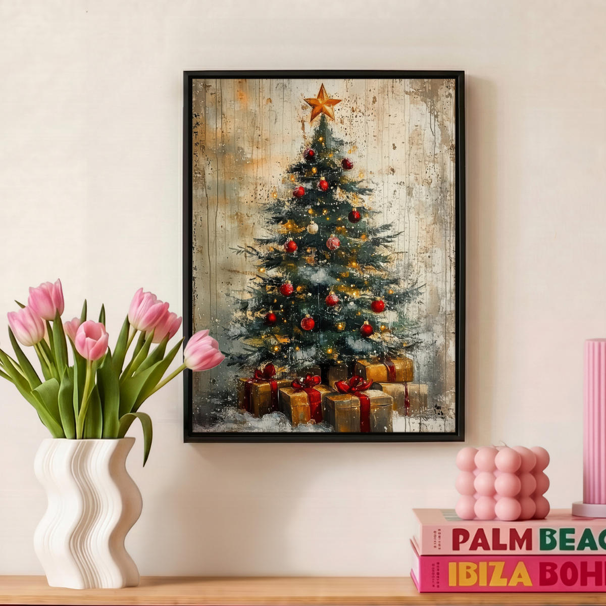 LEINWAND Bilder mit Rahmen - Weihnachtsbaum - Vintage - Weihnachten - Geschenk - 30x40 - Rostfarben, Textil (30/40cm) - MuchoWow