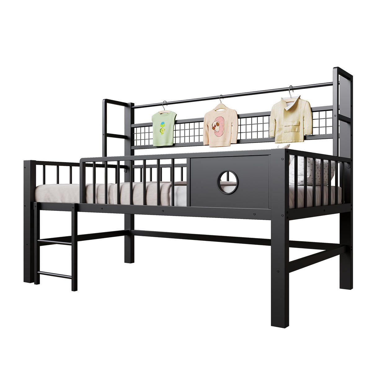 KINDEREINZELBETTEN aus Metall 90x200 cm in Schwarz mit Sicherheitsgitter & Stauraum - Schwarz, Metall (90/200cm) - Modfu