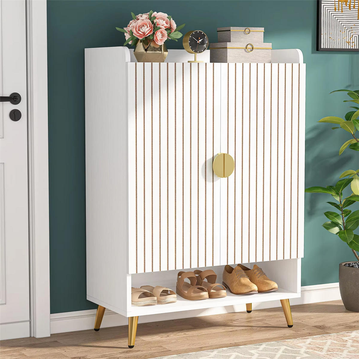 SCHUHSCHRANK 7 Ebenen mit Türen Holzoptik - Weiß, Holz (75/110/37cm) - Kaket