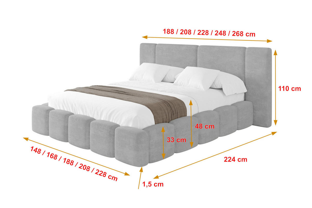 POLSTERBETT mit Bettkasten und Lattenrost, Bett mit Matratze H3/H4 - NILO 140x200 Grau - Hellgrau, Holzwerkstoff/Textil (140/200cm) - ALTDECOR