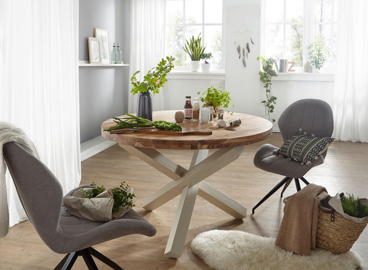 ESSTISCH Massivholz Rund Kreuzbeine Handgefertigt TEKO, Beige 120x120x75 cm - Beige/Weiß, Holz (120/120/75cm) - KADIMA DESIGN