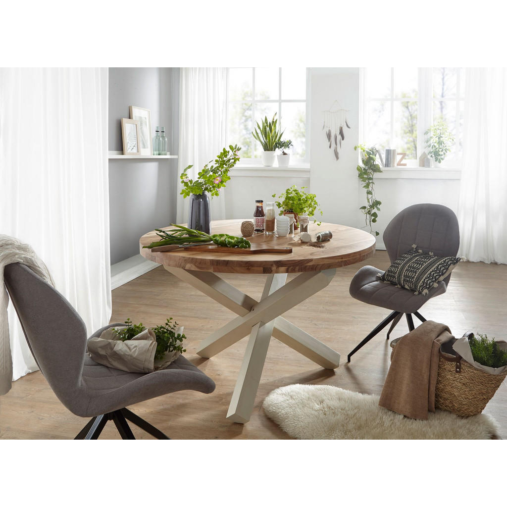 Thumbnail - Kadima Design Esstisch, Beige, Holz, Echtholz,Akazie, Rund,Rund, X-Form, 120x75x120 cm, Esszimmer, Tische, Esstische