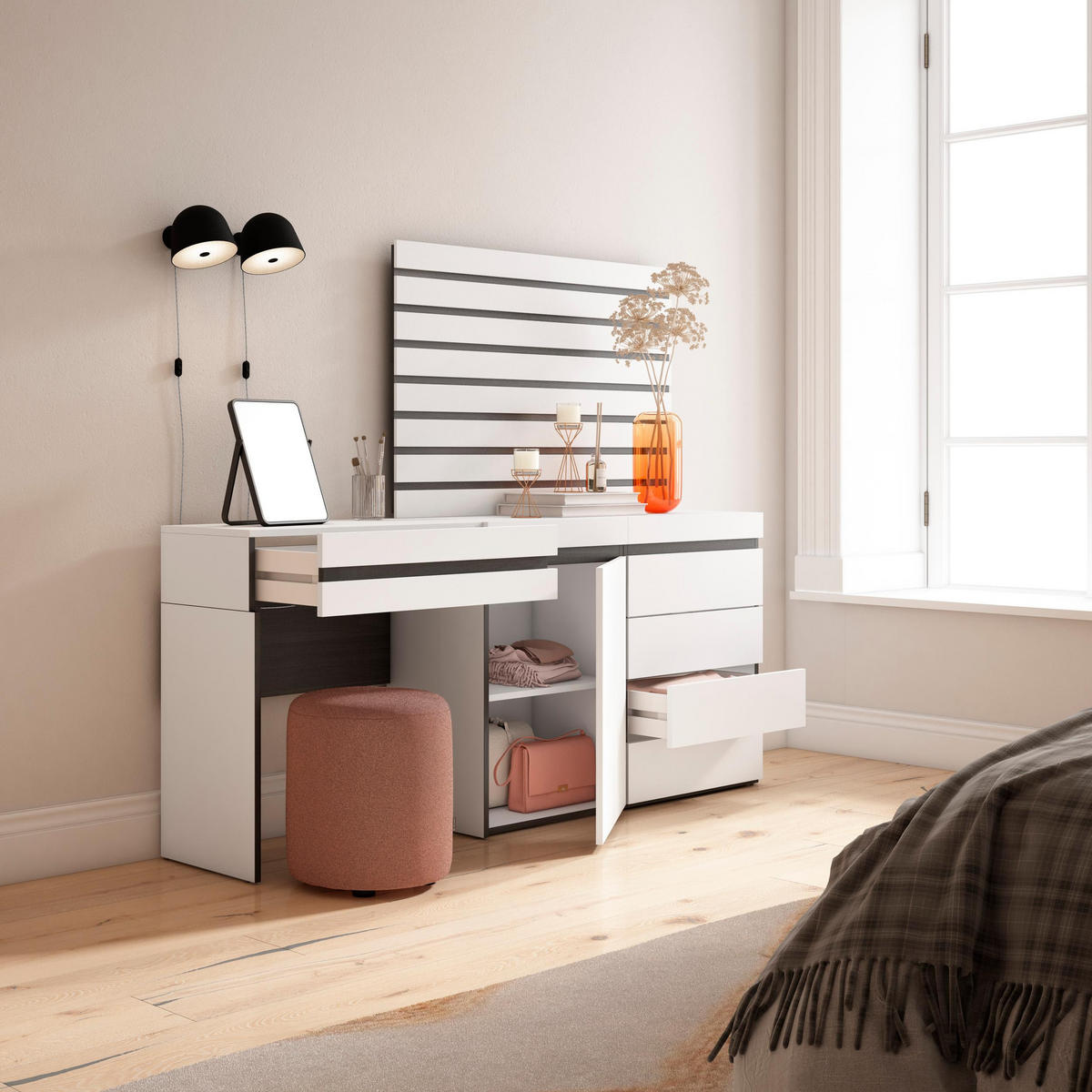 SIDEBOARD mit Konsolentisch Lamellenwand Holz, weiß, 177/35/145 cm - Weiß, Holzwerkstoff (35/145/177cm) - Skraut Home