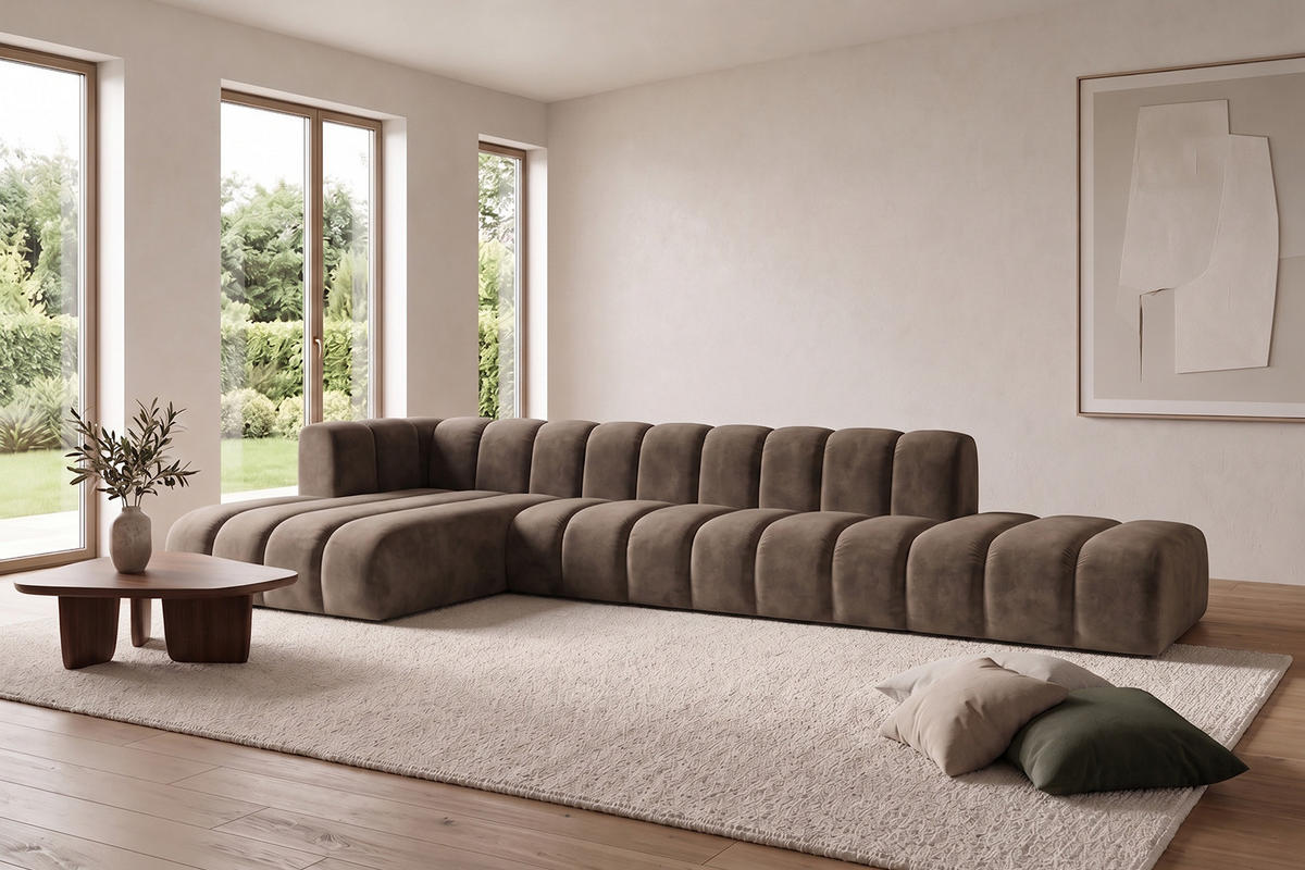 ECKSOFA Modulares In L-Form Mit Hocker, Velvet-Stoff Riviera, Braun, Links, GRAND - Braun, Holz (386/179cm) - Kaiser Möbel