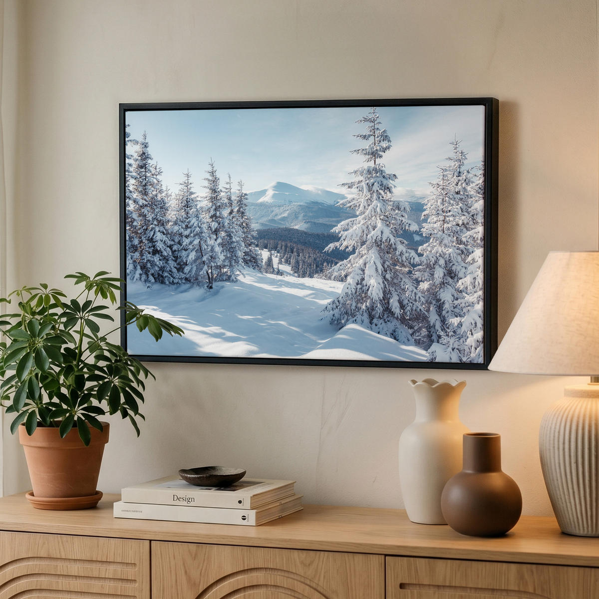 LEINWAND Bilder mit Rahmen - Winterlandschaft - Natur - Berge - Bäume - Schnee - 60x40 - Hellblau, Textil (60/40cm) - MuchoWow