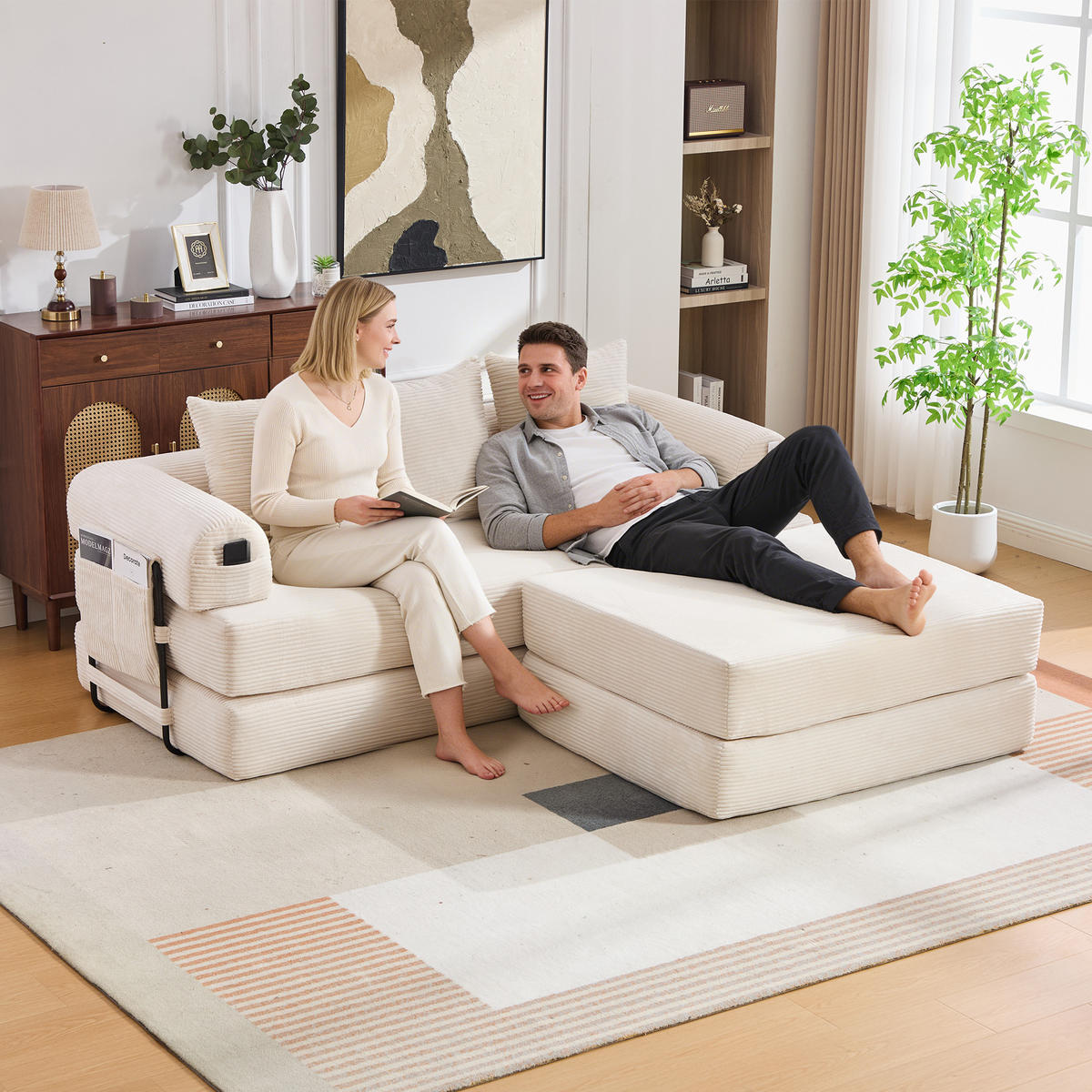 ECKSOFA Cord Beige mit Hocker und Kissen - Beige, Textil/Metall (218/285cm) - WISHDOR