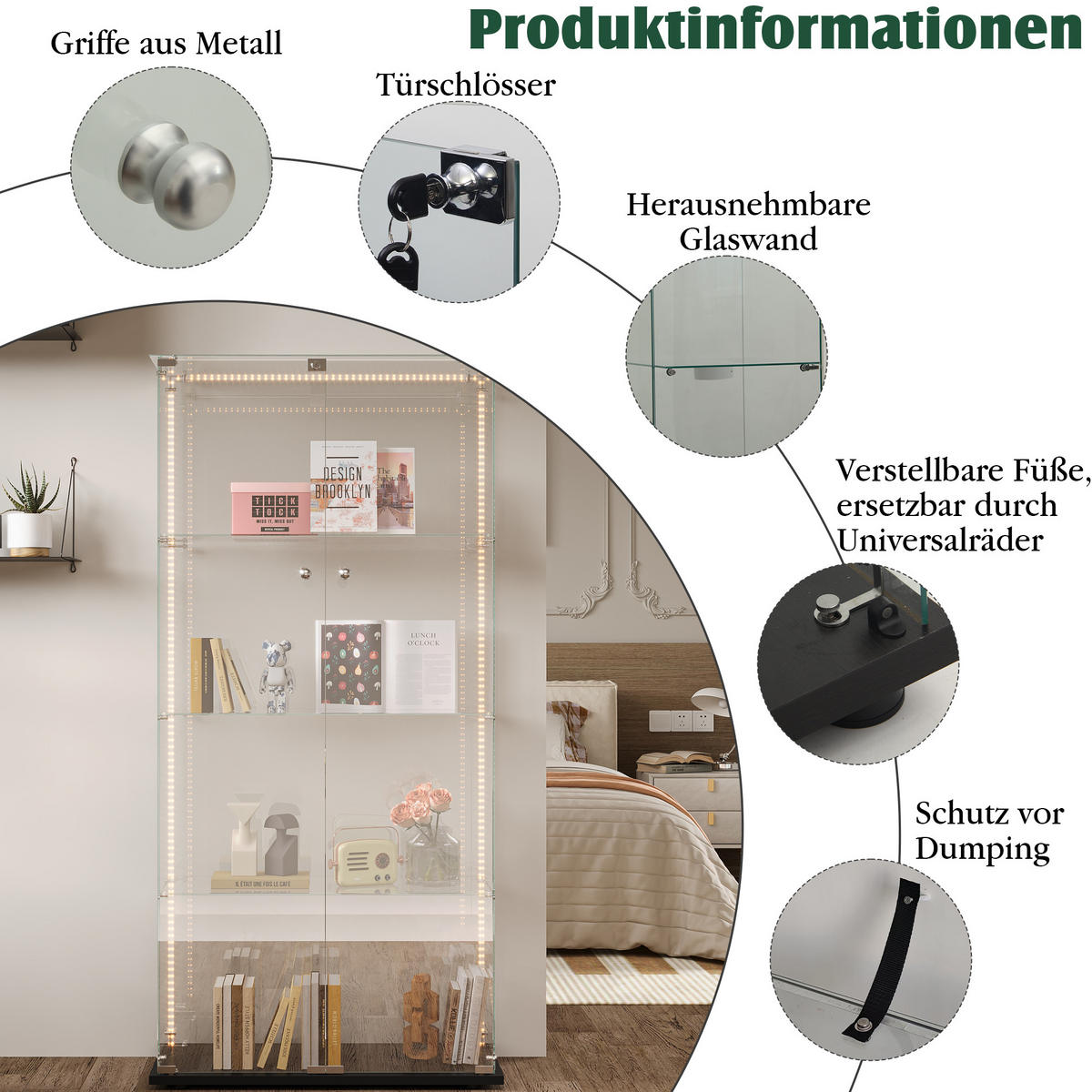 VITRINE Glas LED, 4 Einlegeböden, Doppeltür, Schwarz - Schwarz, Holz (35/163/78.5cm)