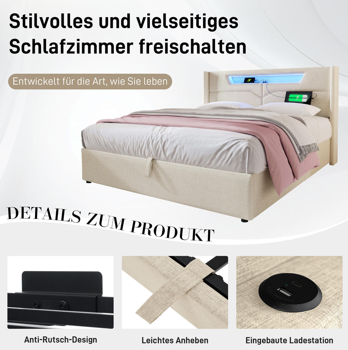 POLSTERBETT aus Leinenmaterial 160x200 cm Beige mit Bettkasten, LED-Beleuchtung und USB-Anschluss - Beige, Textil (160/200cm) - IVMEU