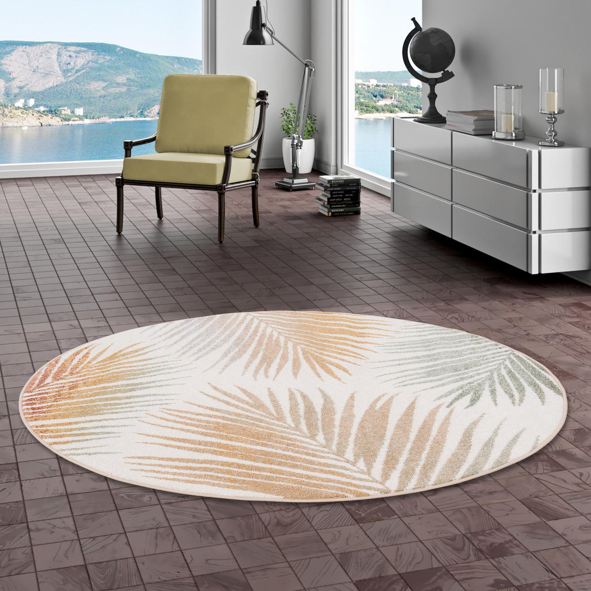 DESIGNER TEPPICH FARO TROPICAL BLÄTTER RUND - Naturfarben, Textil (160/160cm) - Pergamon