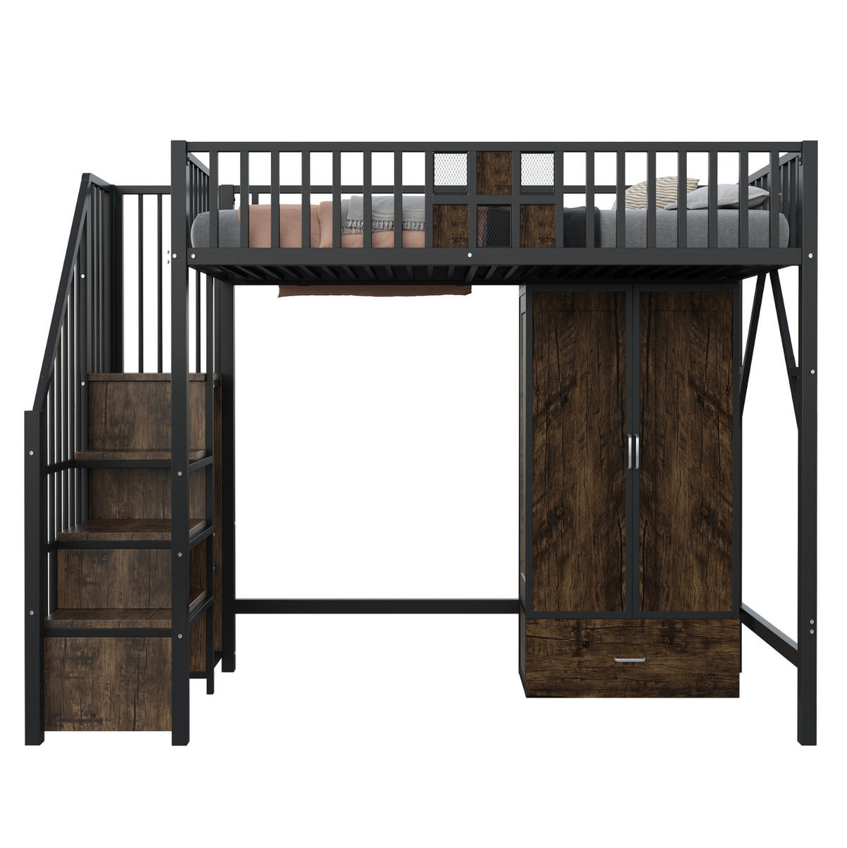 HOCHBETT aus Metall und Holz 90x200 cm Schwarz mit Kleiderschrank, Schublade und Aufbewahrungsleiter - Schwarz, Metall (90/200cm) - Modfu