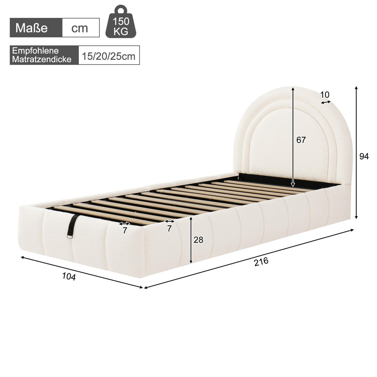 KINDERBETT Beige Bouclé 90x200 Hydraulik Stauraum Lattenrost - Beige, Leder (90/200cm) - FLIEKS