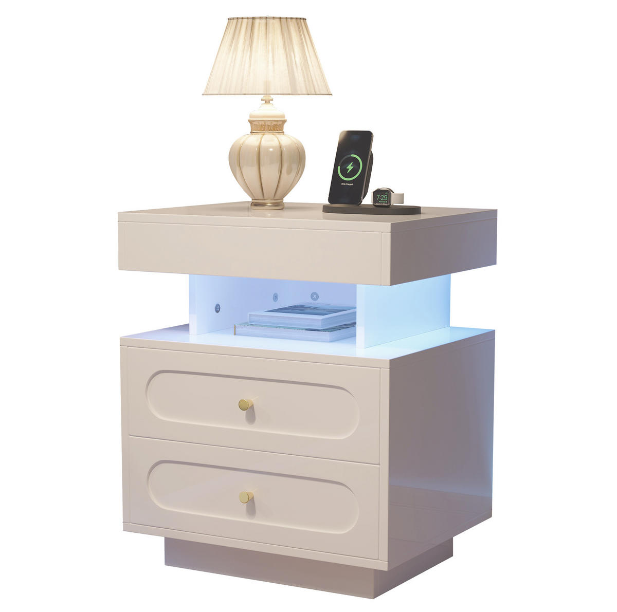 ESSTISCH 50/40/60 cm in Weiß mit LED-Beleuchtung und 2 Schubladen - Weiß, Holzwerkstoff (40/60/50cm) - Flora Grace