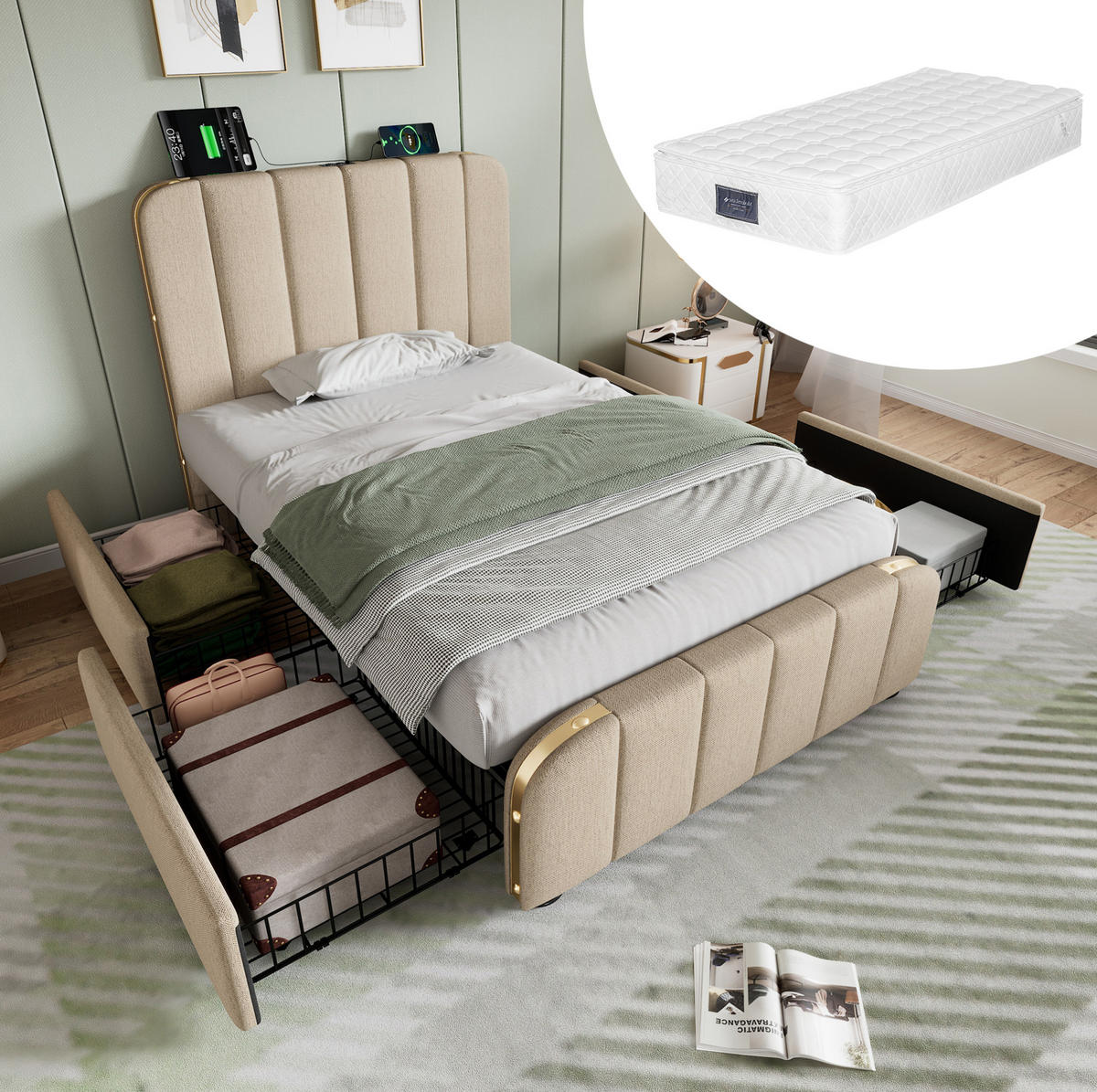 POLSTERBETT mit 4 Schubladen und USB/Typ-C 90x200 cm Beige Leinen - Beige, Metall (90/200cm) - Meubliv