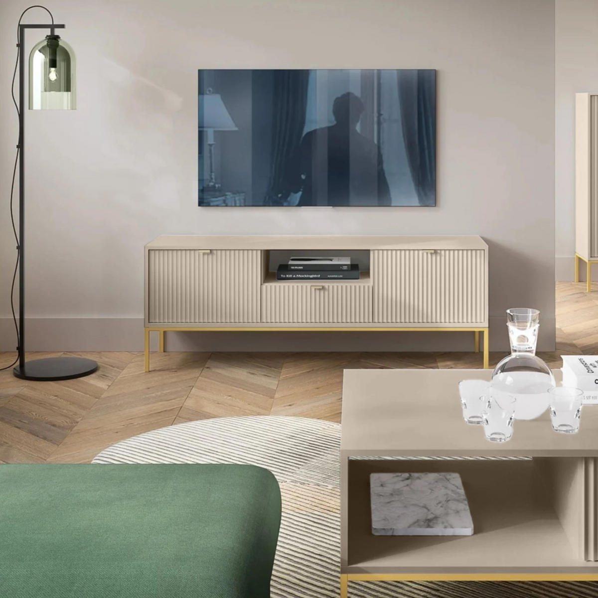 TV-LOWBOARD Vellore Beige / Gold 154 cm - Beige/Goldfarben, Holzwerkstoff/Metall (154/56/39cm) - Selsey