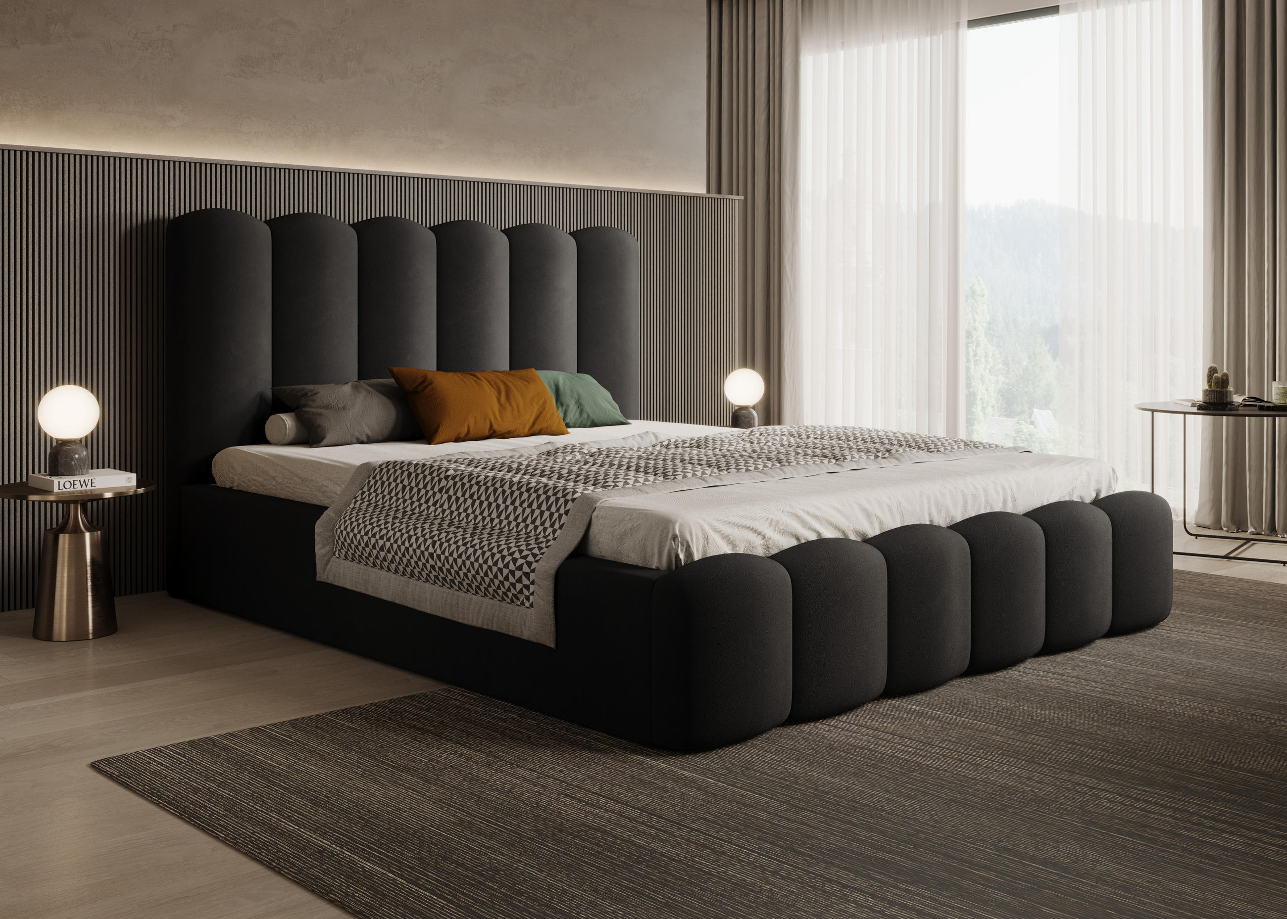 POLSTERBETT Modernes Polsterbett Mona V 200x200 cm – Bett mit Stauraum & Dekorativem Halbwalzen-Design, Schwarz - Schwarz, Holzwerkstoff/Kunststoff (200/200cm) - DomoHome