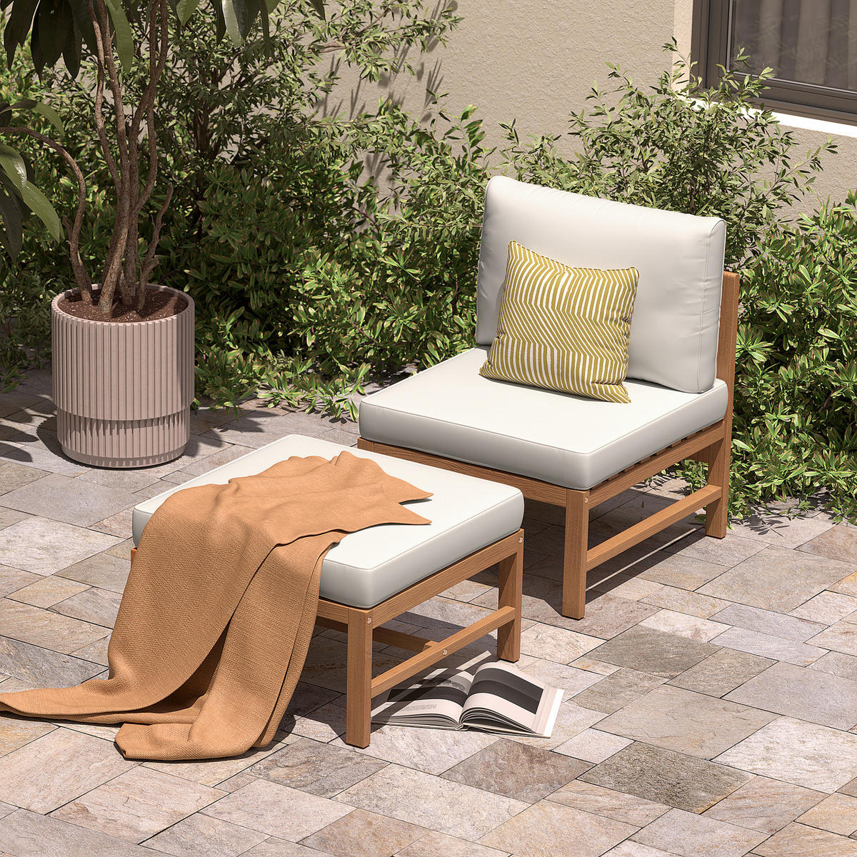 LOUNGEHOCKER - Akazie massiv / Polyester - Braun / Beige - Beige/Braun, Holz/Textil (60/60cm) - home24