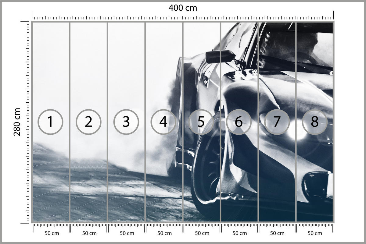 FOTOTAPETE für Jugendzimmer Drift Sportwagen Action 400x280 - Schwarz/Weiß, Papier (400/280cm) - Muralo