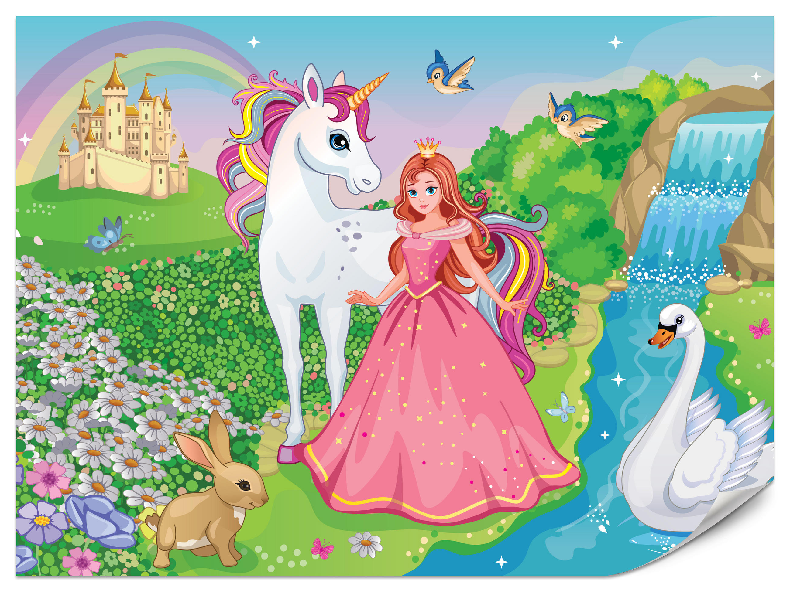 FOTOTAPETE für Kinderzimmer Prinzessin Einhorn Schloss Wasserfall Blumen 350x256 - Blau/Gelb, Papier (350/256cm) - Muralo