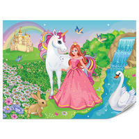 FOTOTAPETE für Kinderzimmer Prinzessin Einhorn Schloss Wasserfall Blumen 350x256 - Blau/Gelb, Papier (350/256cm) - Muralo