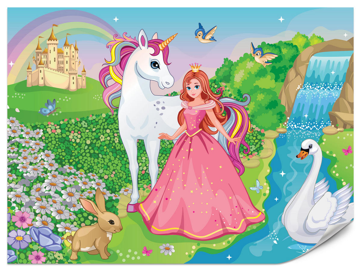 FOTOTAPETE für Kinderzimmer Prinzessin Einhorn Schloss Wasserfall Blumen 350x256 - Blau/Gelb, Papier (350/256cm) - Muralo