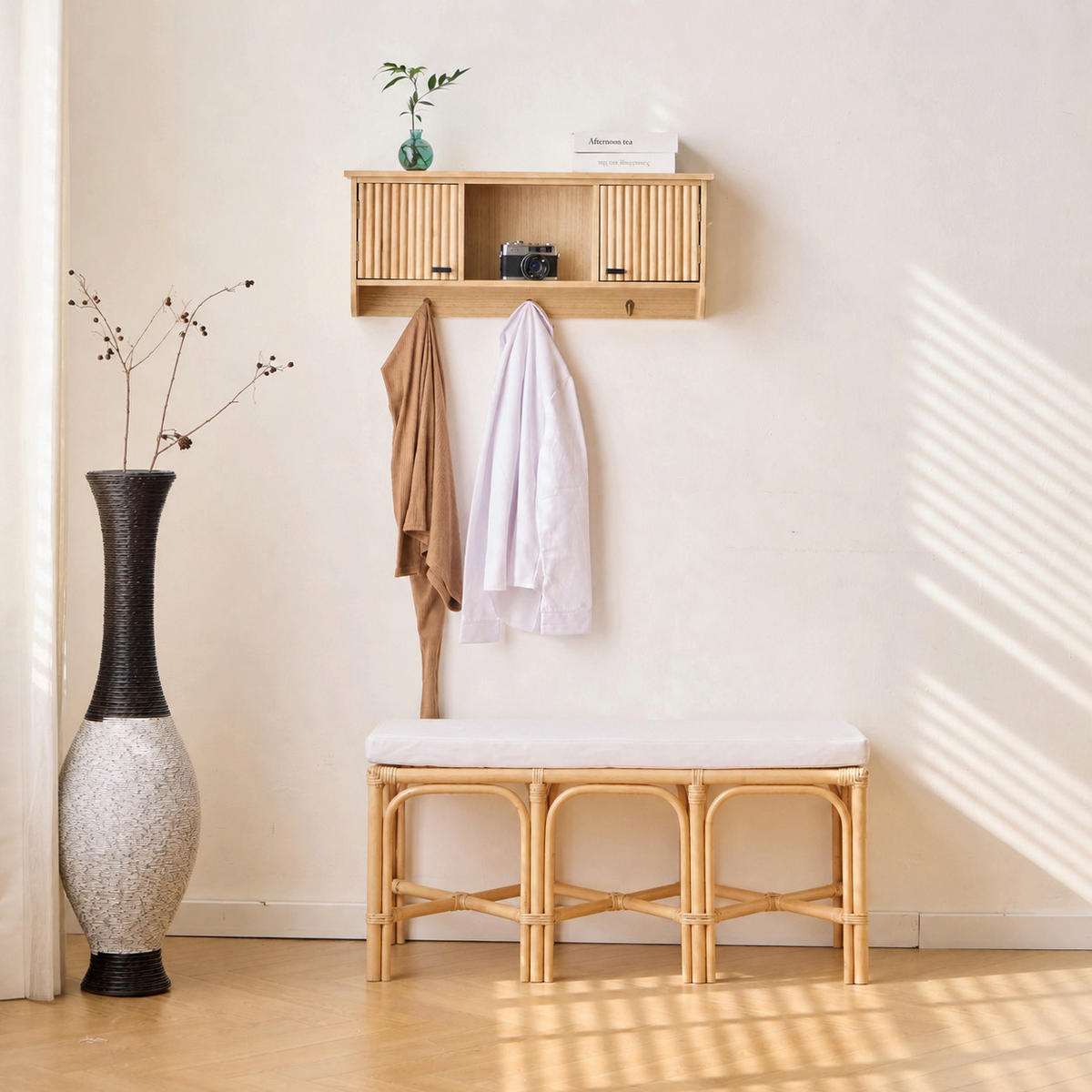 SITZBANK Rattan Beige - Braun, Holz (90/51/42cm) - Nordlys
