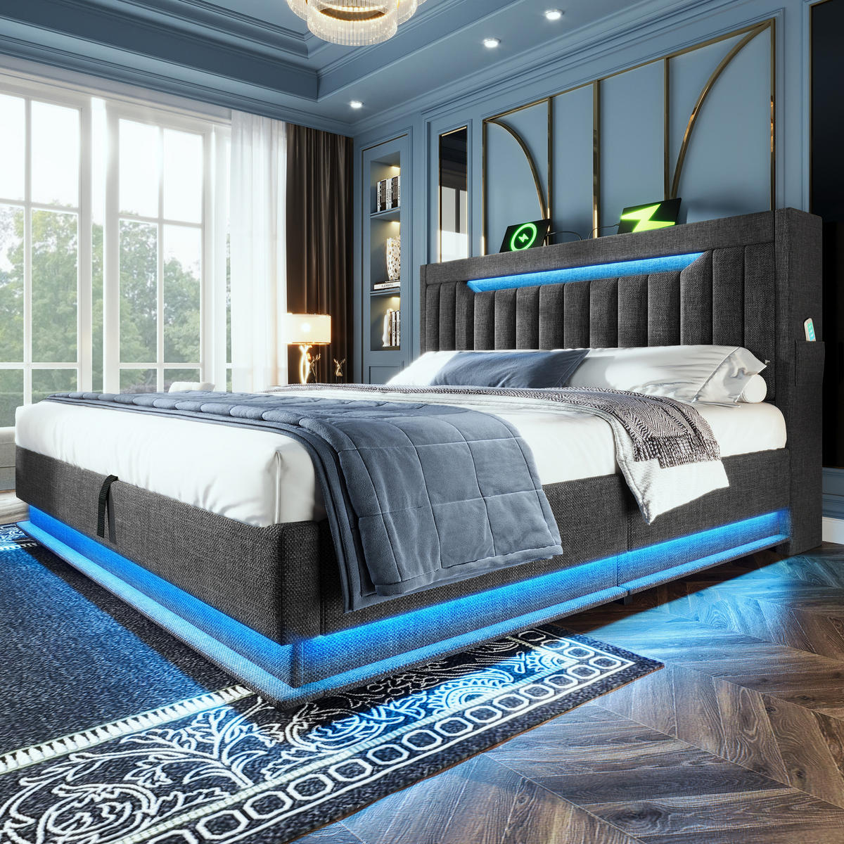 POLSTERBETT 160/200 cm Grau mit Stauraum und LED-Beleuchtung aus Leinen - Grau, Textil (160/200cm) - OKWISH