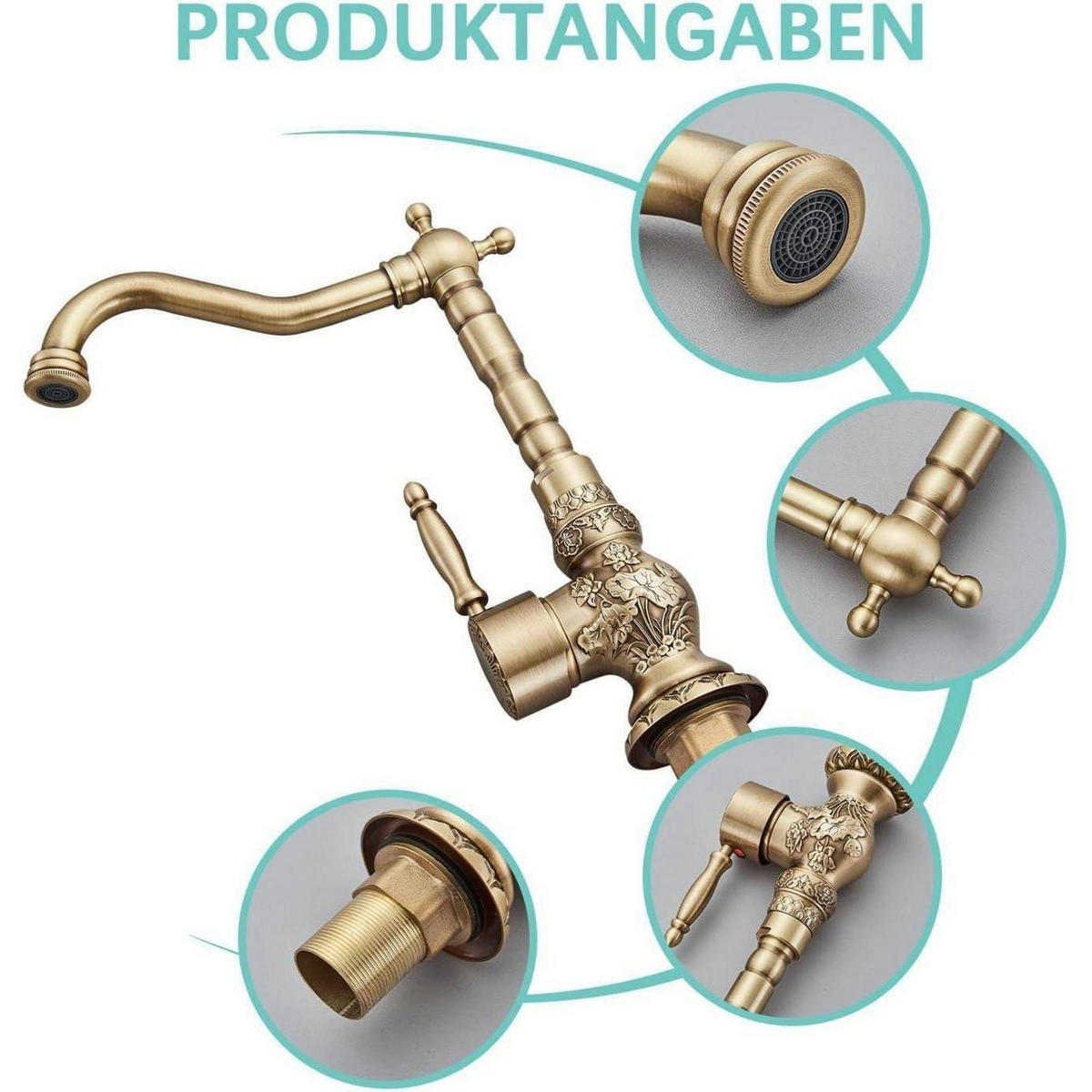 WASCHTISCHARMATUR Antik Messing 360° drehbar - Bronzefarben, Metall (7/35/15cm)