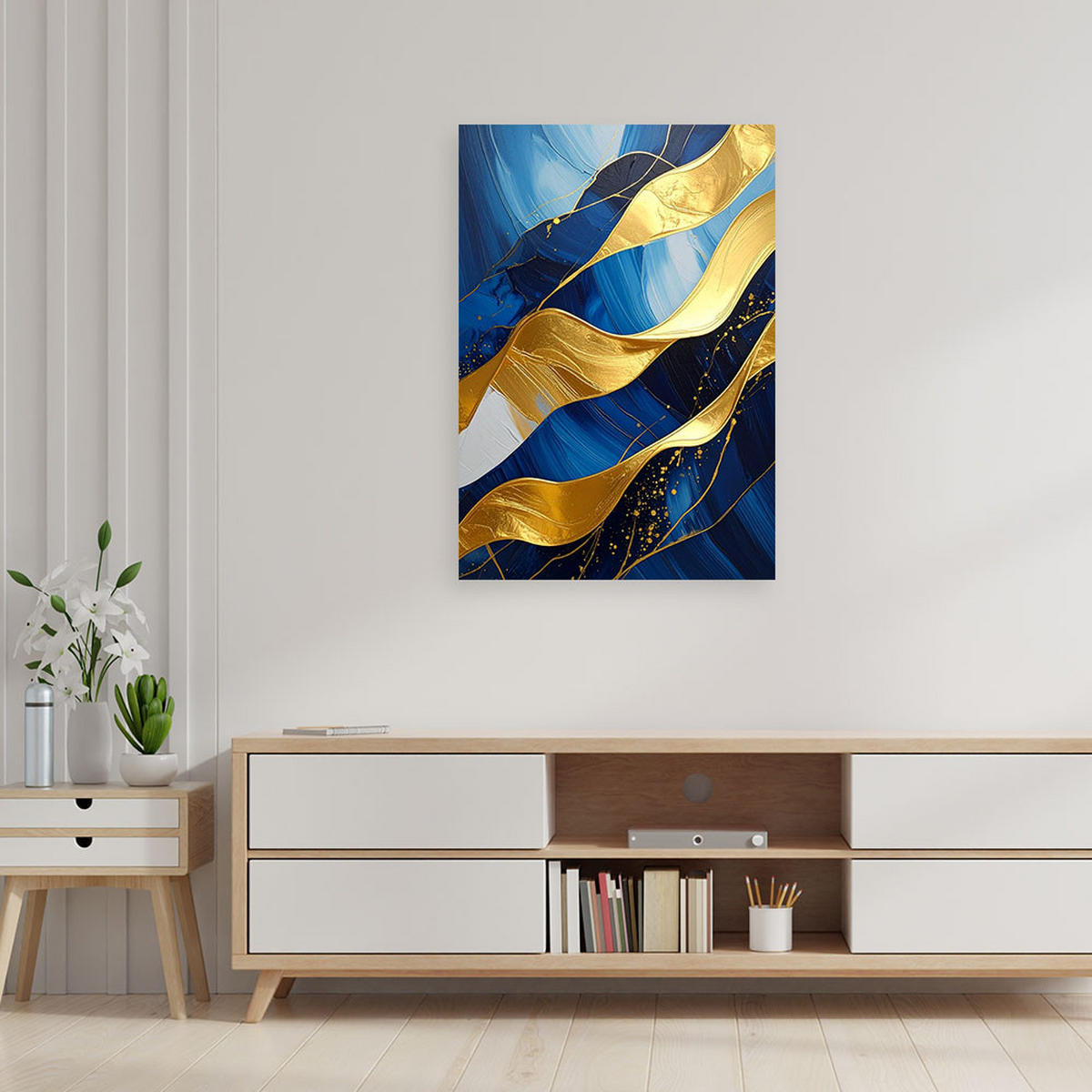 LEINWANDBILD, Abstrakte goldene Wellen auf marineblauem Hintergrund - Blau, Textil (40/60cm) - Feeby
