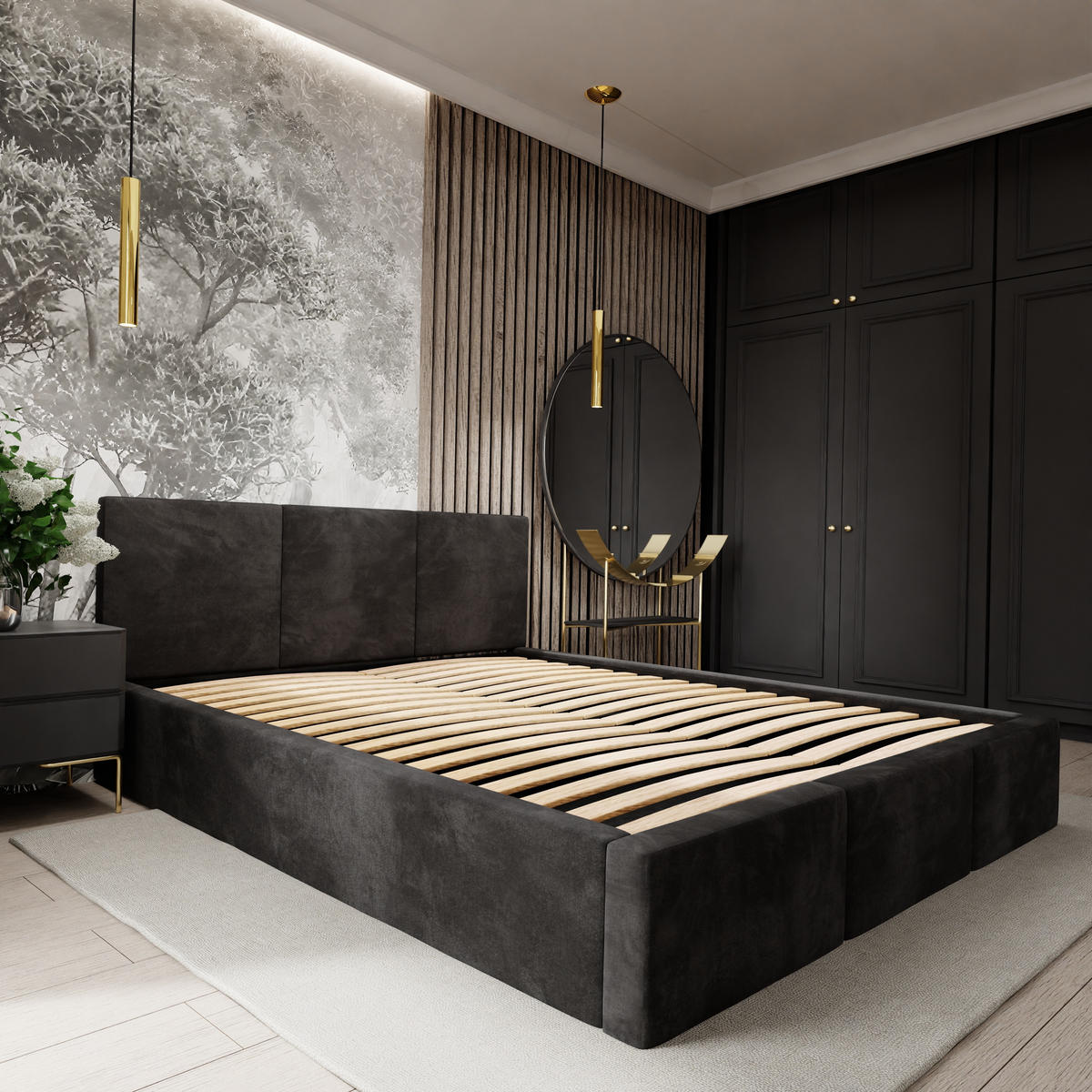 POLSTERBETT für Schlafzimmer Bett mit Stauraum Schwarz 180x200cm Kopfteil 100cm - Schwarz, Holzwerkstoff/Metall (180/200cm) - Muralo