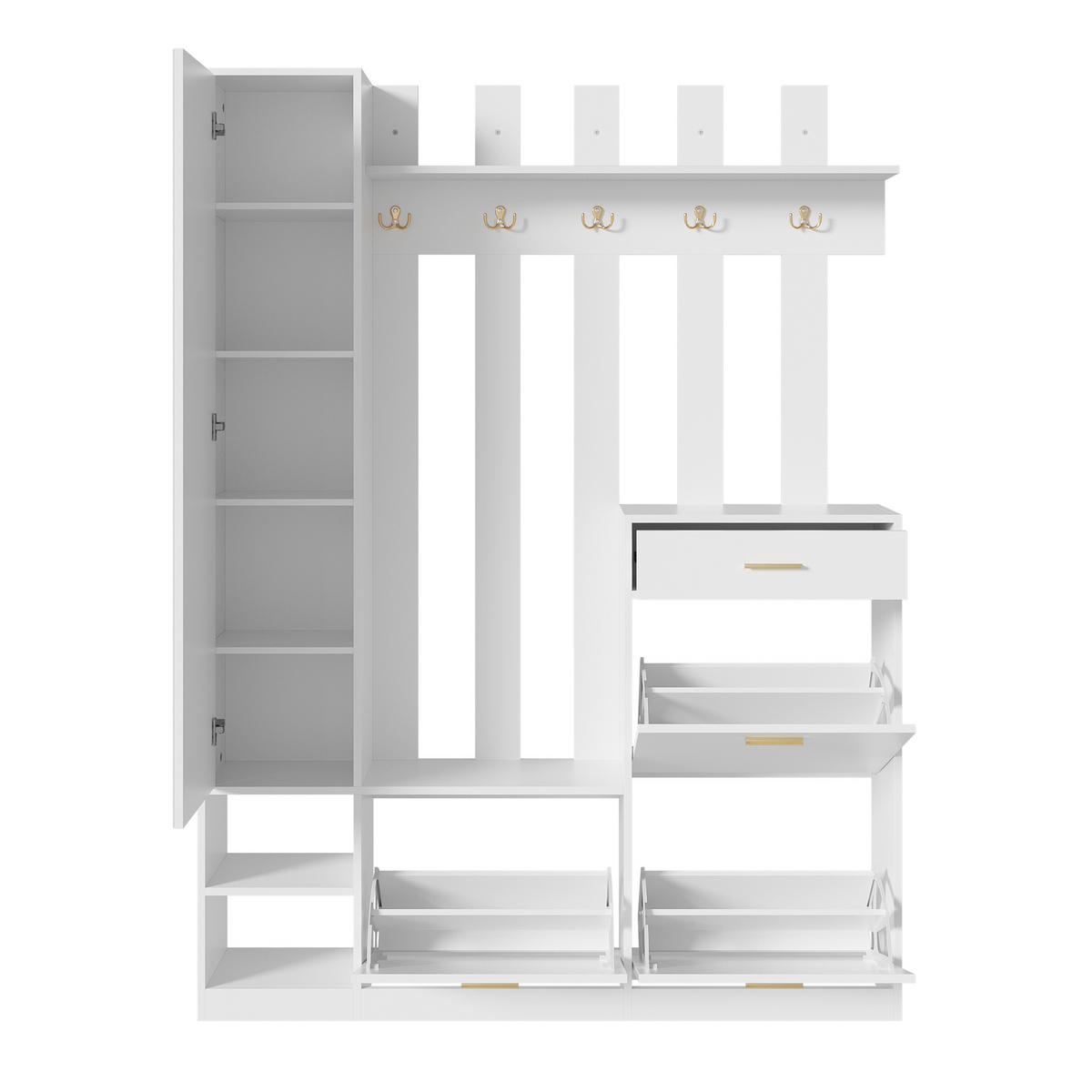 GARDEROBESET mit Spiegel Schuhschrank Haken Weiß Modern - Weiß, Holzwerkstoff (133/180/23.5cm) - FLIEKS