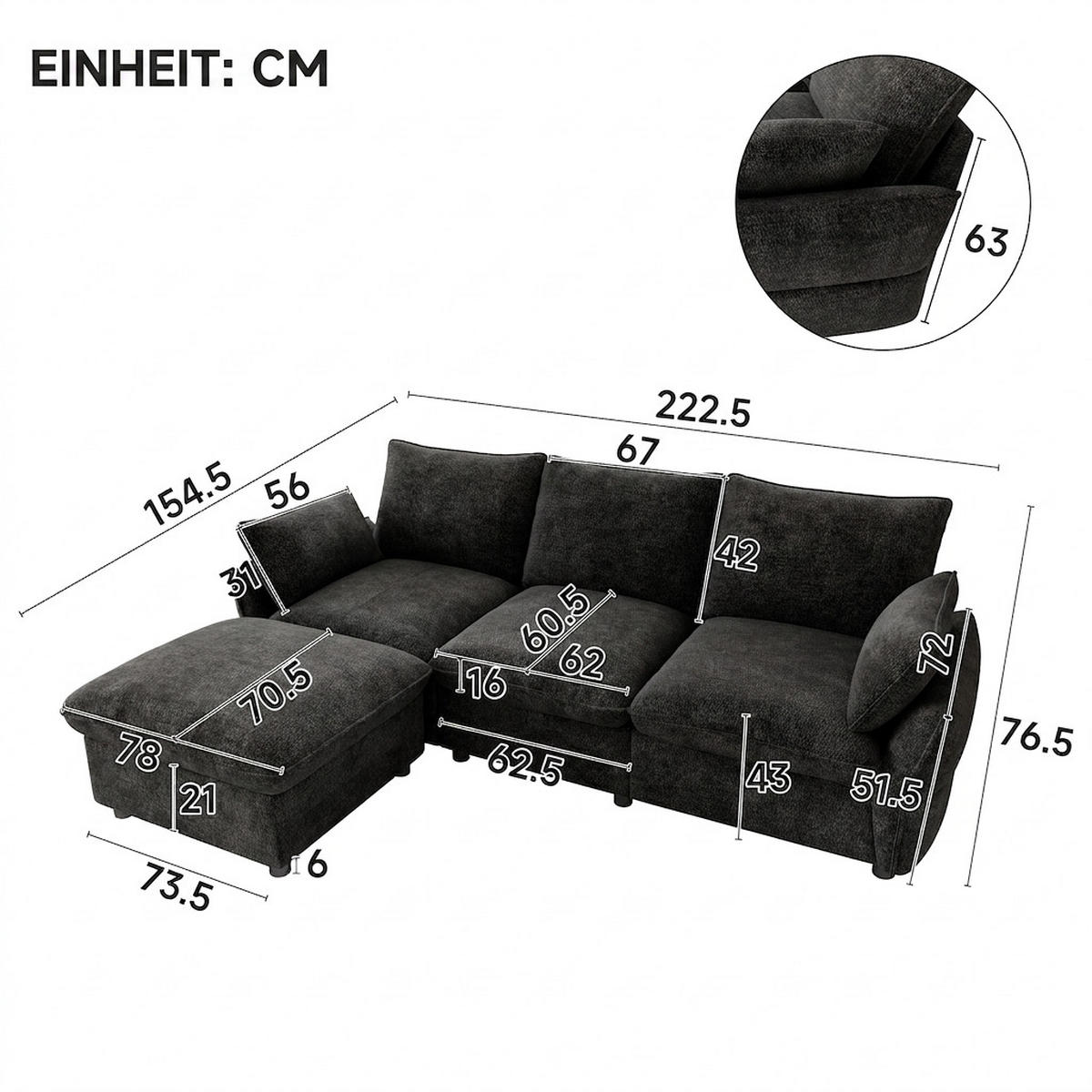 ECKSOFA 222.5/154.5/76.5 cm Dunkelgrau Chenille mit 1 Fußhocker - Dunkelgrau, Textil (222.5/154.5cm) - Oxeza